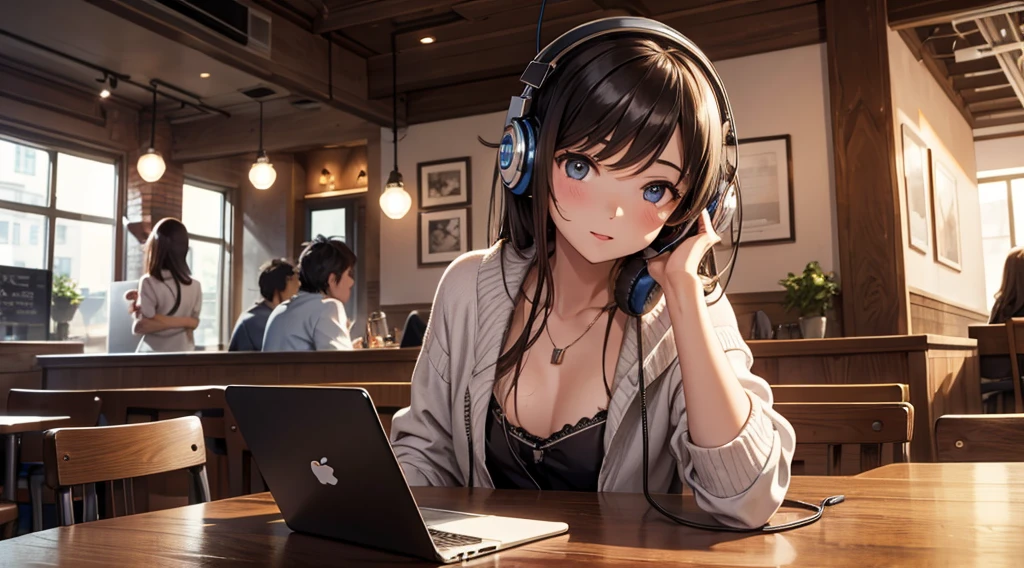Girl with headphones enjoying music in a cafe　I am studying　Emphasize a little bit of the chest