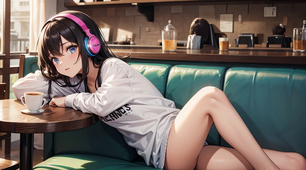 Girl with headphones enjoying music in a cafe I am studying Emphasize a little bit of the chest