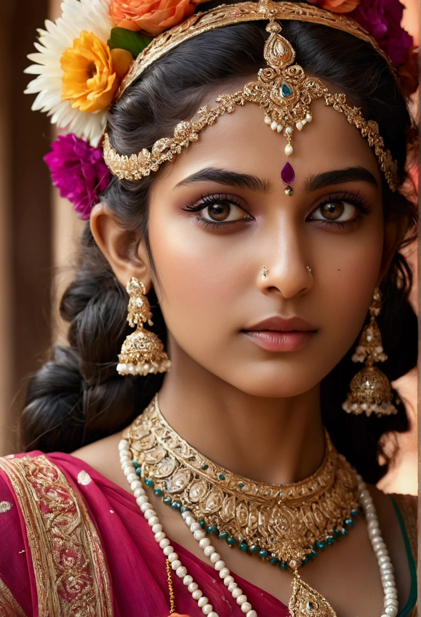 A beautiful, delicate Indian girl, intricate details, long eyelashes, piercing eyes, elegant expression, ornate jewelry, detailed intricate hair, floral headpiece, flowing colorful sari, serene pose, natural lighting, photorealistic, 8k, high quality, masterpiece, digital art