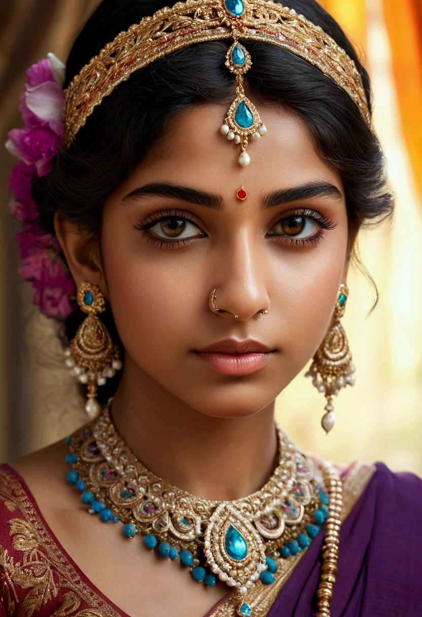 A beautiful, delicate Indian girl, intricate details, long eyelashes, piercing eyes, elegant expression, ornate jewelry, detailed intricate hair, floral headpiece, flowing colorful sari, serene pose, natural lighting, photorealistic, 8k, high quality, masterpiece, digital art