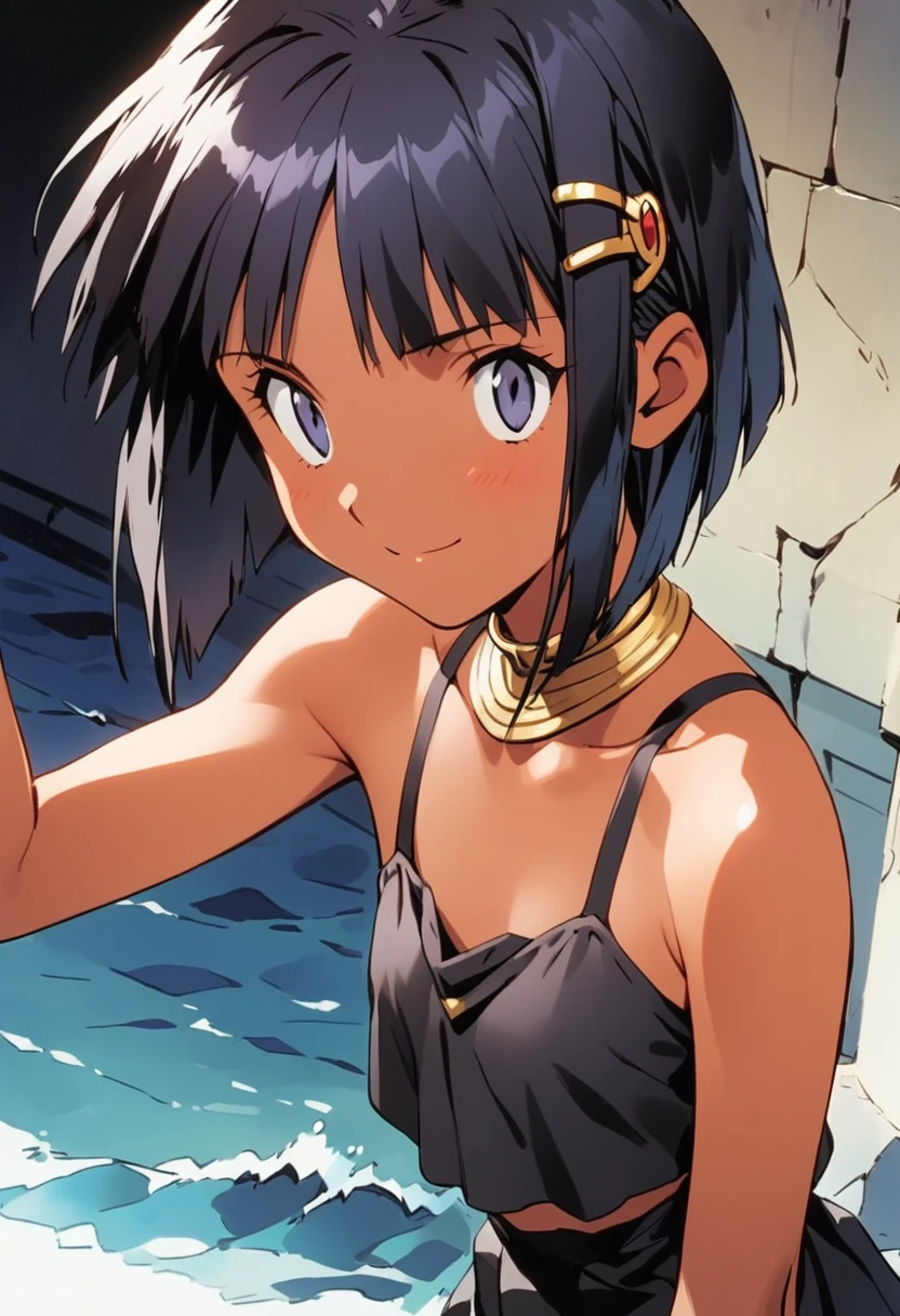 ((masterpiece,High resolution,Highest quality,8K,Detailed faces and anatomy))
(One dark-skinned woman,15 years old,Flat Chest,slender,Black hair bob cut,Dark Skin,Small beautiful eyes,Hanging eyes,Gray Eyes)
Inside the Egyptian palace
(Cleopatra,Ancient Egyptian Costume)smile,wave hands