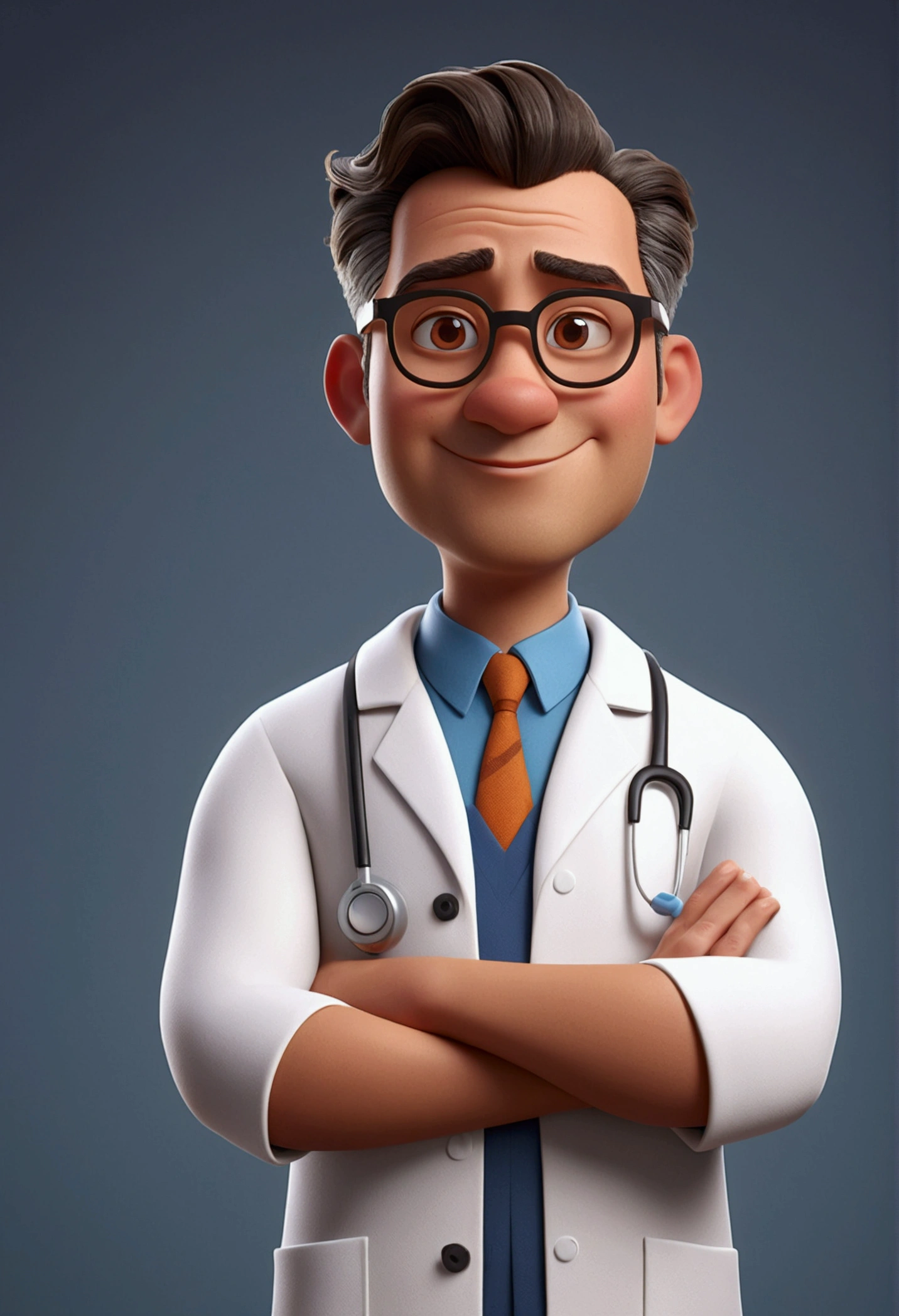 Cartoon character of a man with glasses, gray side hair, with small entries, brownish brown skin, Oval face, kind of fat, animation character, wearing a labcoat, stylized character, animation style rendering, 3d stylized, Arnold Maya rendering, Stylized 3D rendering, toon render screenshot, 3d character, 3d character, Stylized 3D rendering, 3D character rendering, cartoon character, Personagem de close up, character posing, (Pixar-style) (master part:1.2) (bokeh) (best qualityer) (skin detailed) (detailed texture) (8K) (Argilla) (cinematic lighting) (sharp focus