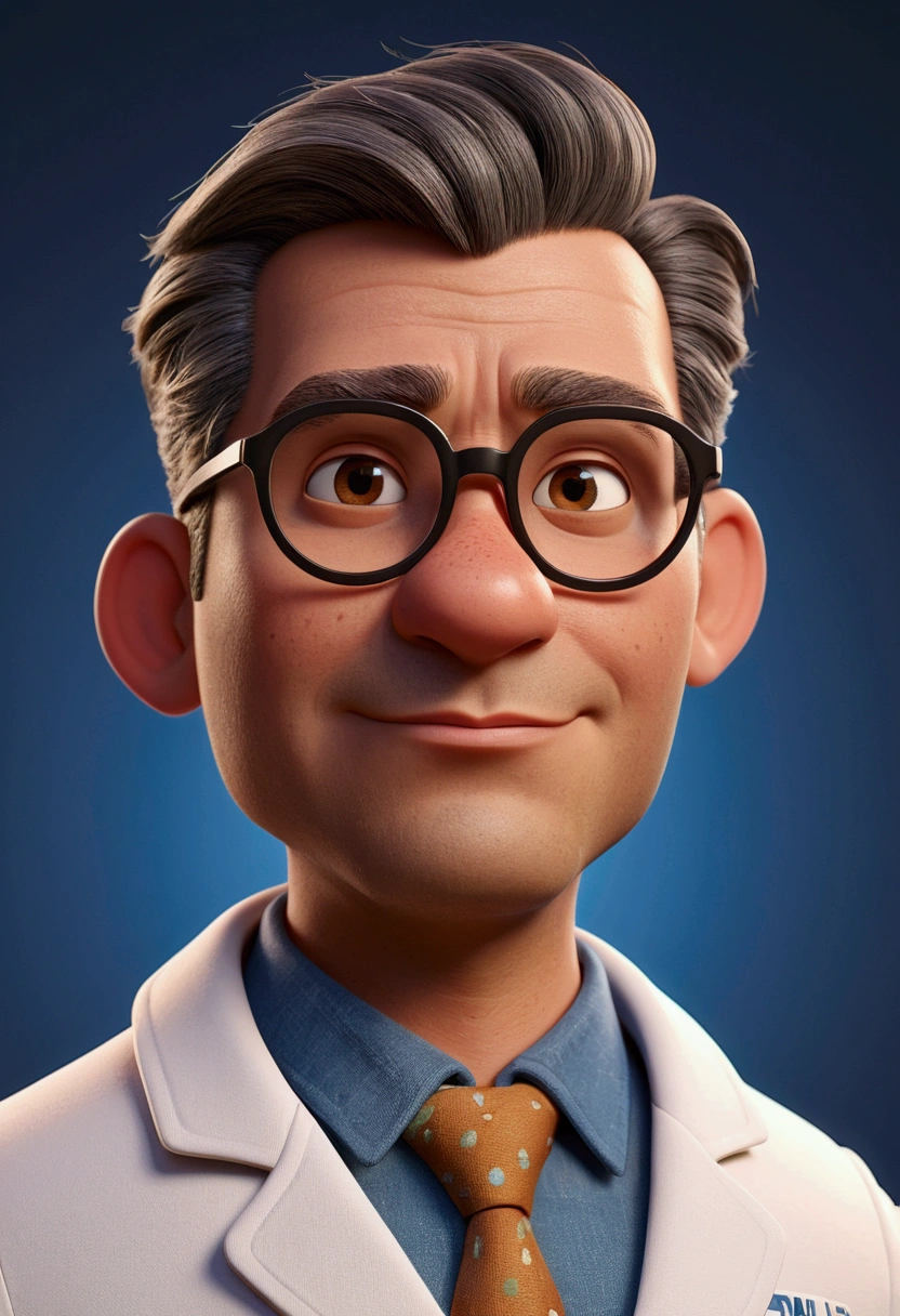 Cartoon character of a man with glasses, gray side hair, with small entries, brownish brown skin, Oval face, kind of fat, animation character, wearing a labcoat, stylized character, animation style rendering, 3d stylized, Arnold Maya rendering, Stylized 3D rendering, toon render screenshot, 3d character, 3d character, Stylized 3D rendering, 3D character rendering, cartoon character, Personagem de close up, character posing, (Pixar-style) (master part:1.2) (bokeh) (best qualityer) (skin detailed) (detailed texture) (8K) (Argilla) (cinematic lighting) (sharp focus
