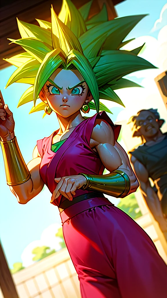 Kefla, keflassj, 1girl, solo, aqua eyes, green hair, spiked hair, super saiyan, super saiyan 1, green earrings, muscular, muscular female, biceps, wearing a white lace blouse and a pink skirt, standing in front of a traditional Japanese building with greenery in the background. The image has a delicate, feminine aesthetic and a relaxed, natural feel. Balanced lighting