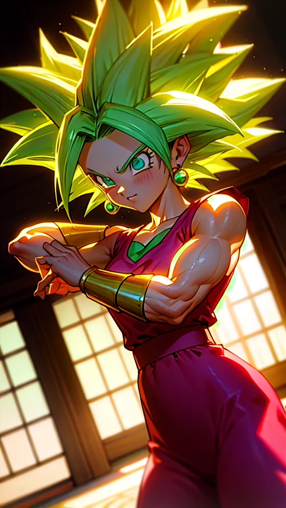 Kefla, keflassj, 1girl, solo, aqua eyes, green hair, spiked hair, super saiyan, super saiyan 1, green earrings, muscular, muscular female, biceps, wearing a white lace blouse and a pink skirt, standing in front of a traditional Japanese building with greenery in the background. The image has a delicate, feminine aesthetic and a relaxed, natural feel. Balanced lighting