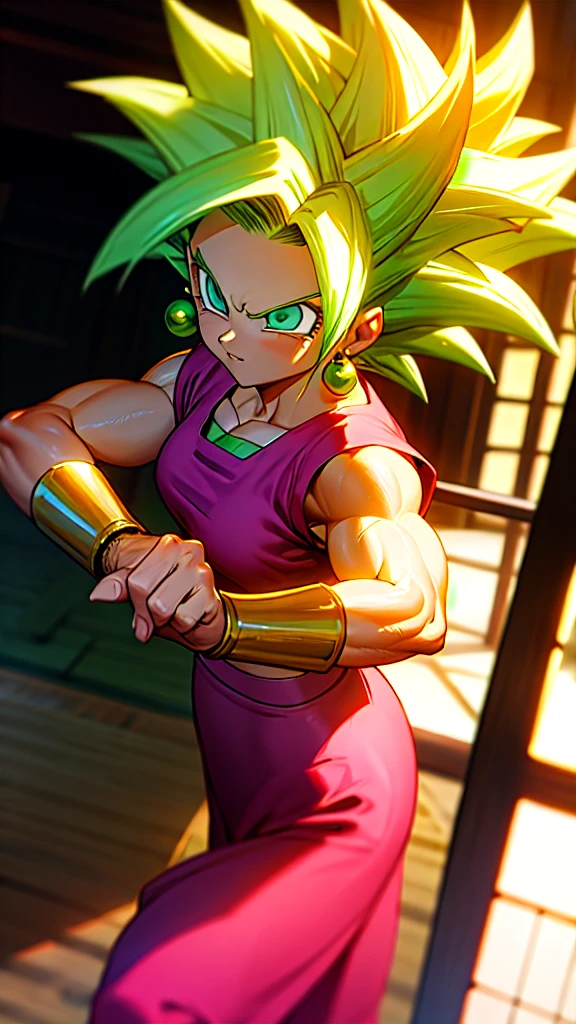 Kefla, keflassj, 1girl, solo, aqua eyes, green hair, spiked hair, super saiyan, super saiyan 1, green earrings, muscular, muscular female, biceps, wearing a white lace blouse and a pink skirt, standing in front of a traditional Japanese building with greenery in the background. The image has a delicate, feminine aesthetic and a relaxed, natural feel. Balanced lighting