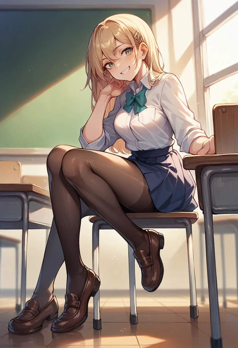 marin kitagawa, , sexy, perfect body,fullbody,white heels,black stockings, classroom,large breasts ,black skirt,white shirt,black jacket ,sitting on desk,happy, blush on face,look from below,give access to her leg, presents her leg for camera,want her leg get licked,give access to lick her leg, wants to viewer lick her leg