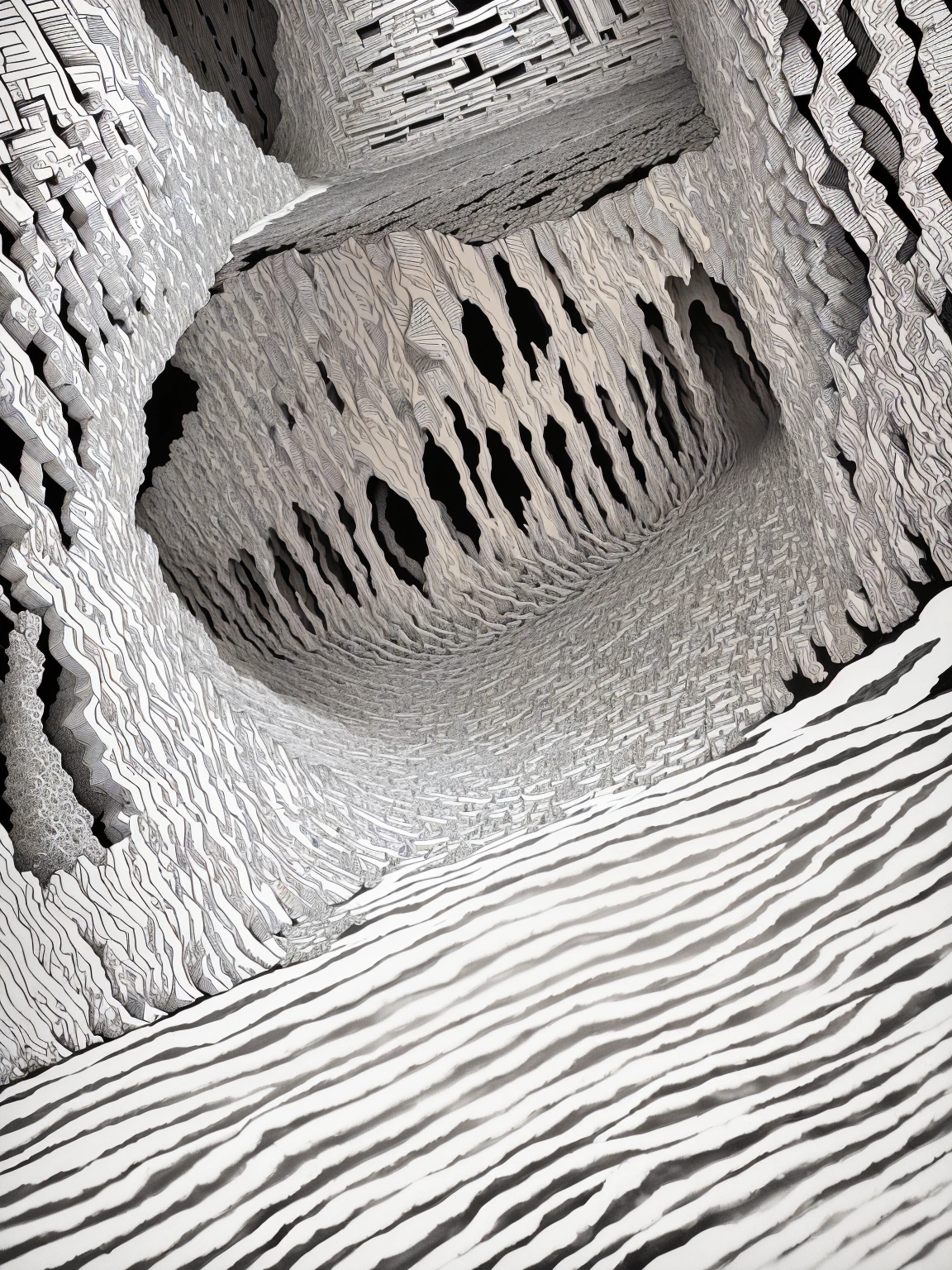 A black and white photo of a hole in the ground, Optical illusion illustration, Pen and ink on paper, Abstract cave scene, Stanley Donwood, Corrugated electromagnetic, Perfect pen and ink line art, Pen and ink illustration, Optical illusion woodcut, Complex line drawing, cross contour, Detailed ink illustrations, fluid lines, in style of Stanley Donwood