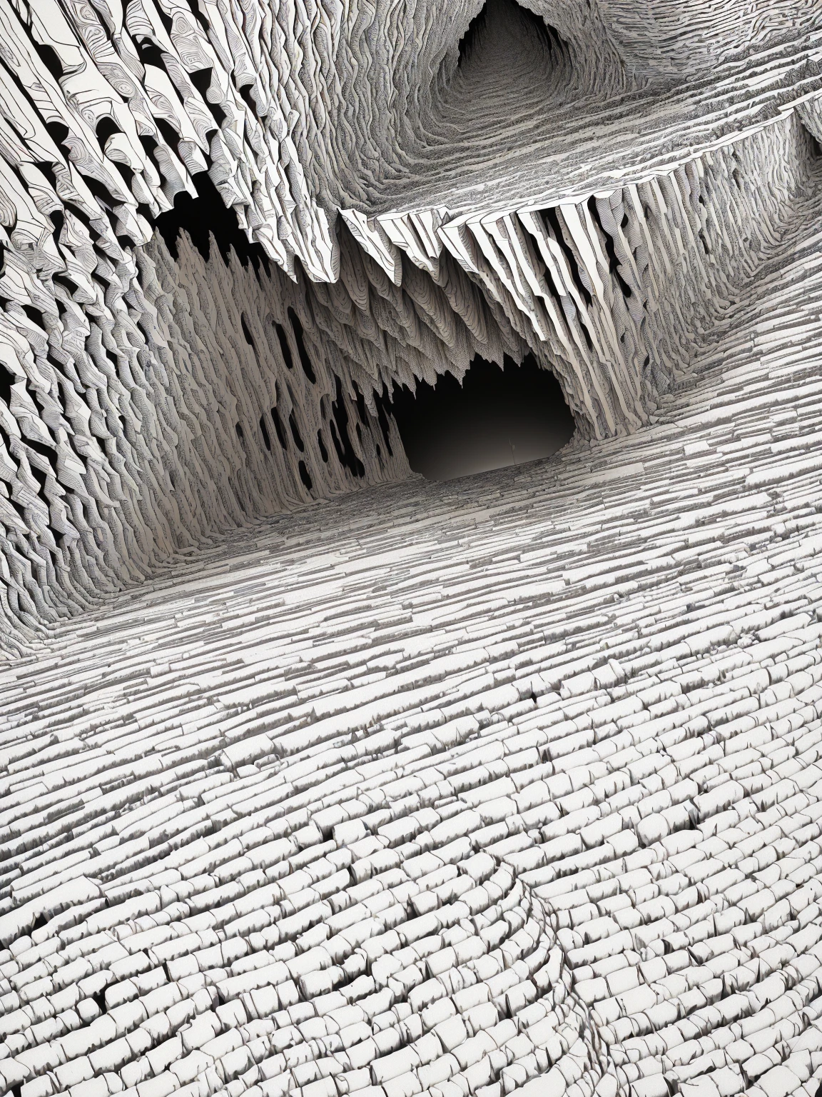 A black and white photo of a hole in the ground, Optical illusion illustration, Pen and ink on paper, Abstract cave scene, Stanley Donwood, Corrugated electromagnetic, Perfect pen and ink line art, Pen and ink illustration, Optical illusion woodcut, Complex line drawing, cross contour, Detailed ink illustrations, fluid lines, in style of Stanley Donwood