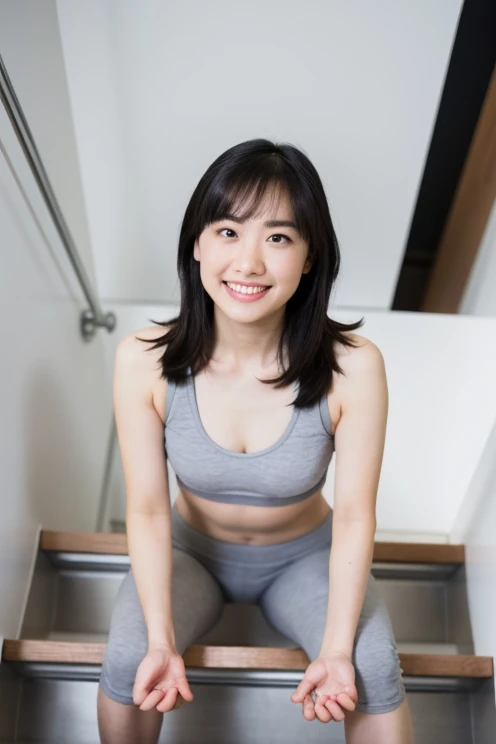 ジムにいる二人のgirl:1.5,Light gray sports bra,Light grey sports pants,On the way up the stairs、A seductive smile,Beautiful thighs,Raise your right knee、Detailed butt line、Detailed butt biting、 girl、Bobcat Girl,From below,Front light、背面From belowの視点、