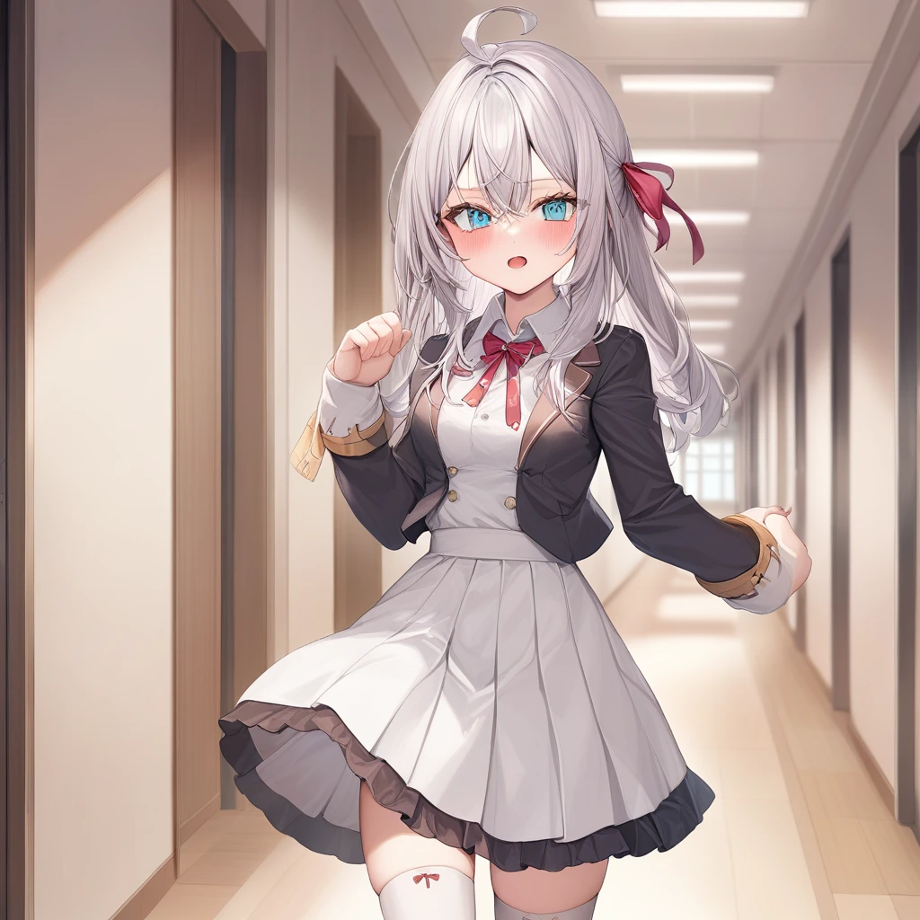 One girl,  Alisa Mikhailovna Kujo,Tomorrow, my friend, Arya-san, will be visiting Russia.,alone, Long Hair, Eyebrows visible through hair, Hair between the eyes, Silver Hair, Hair Ribbon, blue eyes, Medium chest, ,White legwear,zettai ryouiki, Long sleeve, Jacket,
Sealing, Portraiture, View your viewers, Severe, corridor, Open your mouth,
Highest quality, so beautiful, Absurd