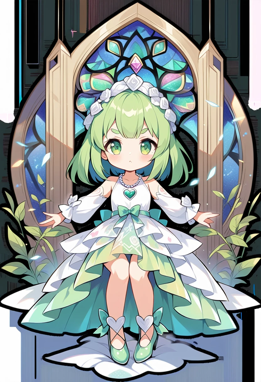 (loli:1.4),(little female child:1.4), cute face, 6 years old,kawaii, (highlight on eyes:1.1), small breast, (jiggly:0.8), shiny skin,(mini girl:1.5),
BREAK
(green maro eyebrows:1.4), :<, (jitome:1.1),pouty and slightly grumpy,(medium green hair:1.2),pout,disgusted eyes, green eyes, puffy eyes,
BREAK
breathtalking Scenery, breathtalking Beauty, breathtalking Cute,scenery, (best quality, masterpiece:1.2), (ultra high quality:1.2),smooth soft skin, natural skin,
BREAK
(hensin:1.3),(henshin:1.3), magical girl,,(transparent background:1.3),wearing shoes on feet, sidelocks, bow, gem necklace, deepgreen pleats overskirt,white dress,frills, sash, high_heels, collarbones, wedding dress, heart_print,
BREAK
wearing boots on feet, wearing lightgreen magical Girl Costumes,(magical effect:1.2), magic circle,colorful background,light particles,light sparkles,crystal light,powder light,dynamicpose,outstretched legs,sitting,
BREAK
(multi-layered flower shaped stained glass), (rose shaped stained glass),(music note effect fused with stained glass),(heart shaped Church windows),nature theme,(Giant stained glass leaf),(Multiple stained glass musical note),Atrium structure,ceiling,tiffany,dust particles,anime,stain glass inspired by leaf mark,