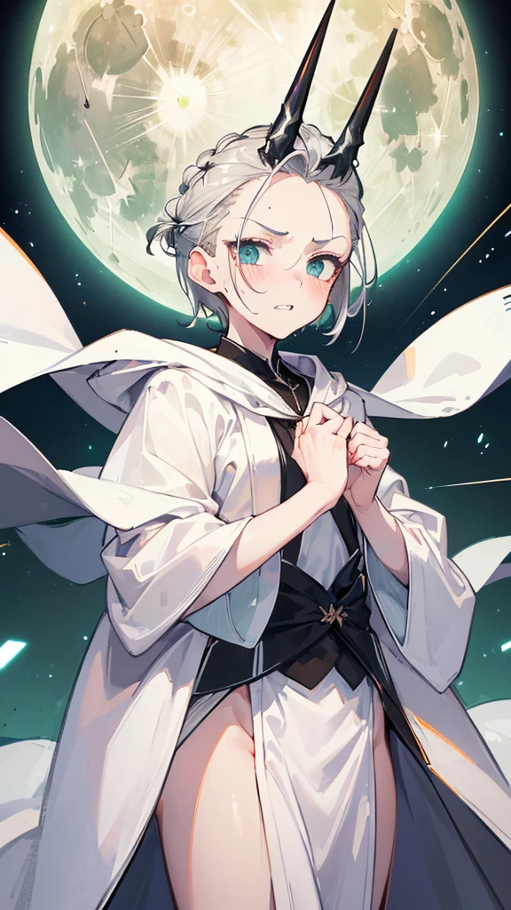 Best quality, Ultra detailed, best quality, insanely detailed, beautiful, masterpiece, 8k,
break
(full moon:1.2), night sky, refraction Glowing white lines ,Crossing Light,Shining Background,
break
1lady, silver hair, (short hair:1.2), (slicked back hair :1.5), forehead, (horn on forehead;1.2), black eyes, ultra detailed eyes, wizard robe, (white robe with green lines:1.5), long robe, tall stature, slender body, flat chest,
Break
Upper body, from front,low angle (evil smile;1.5), evil grin,(scowl:1.1), (stare at viewer:1.5), (embarrassed,blush:1.3), (ecstasy:1.3) ,(slut:1.2),(vulgarity:1.3),(wet:0.8),(sweat:0.8), condescending snigger ,open mouth,