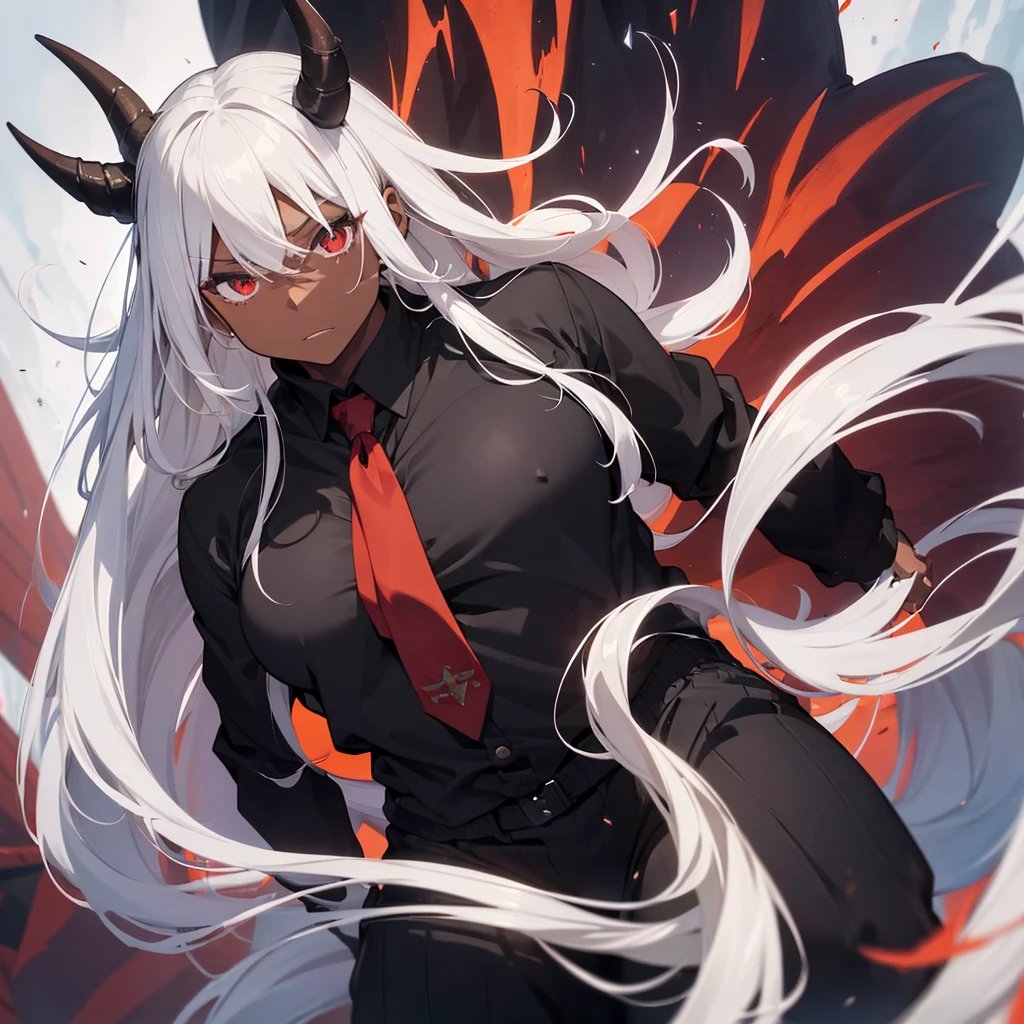 Man male, dark skin, white hair, long hair, strong and robust body, handsome face, large demon horns, giant large black wings, black and red suit, intimidating appearance.