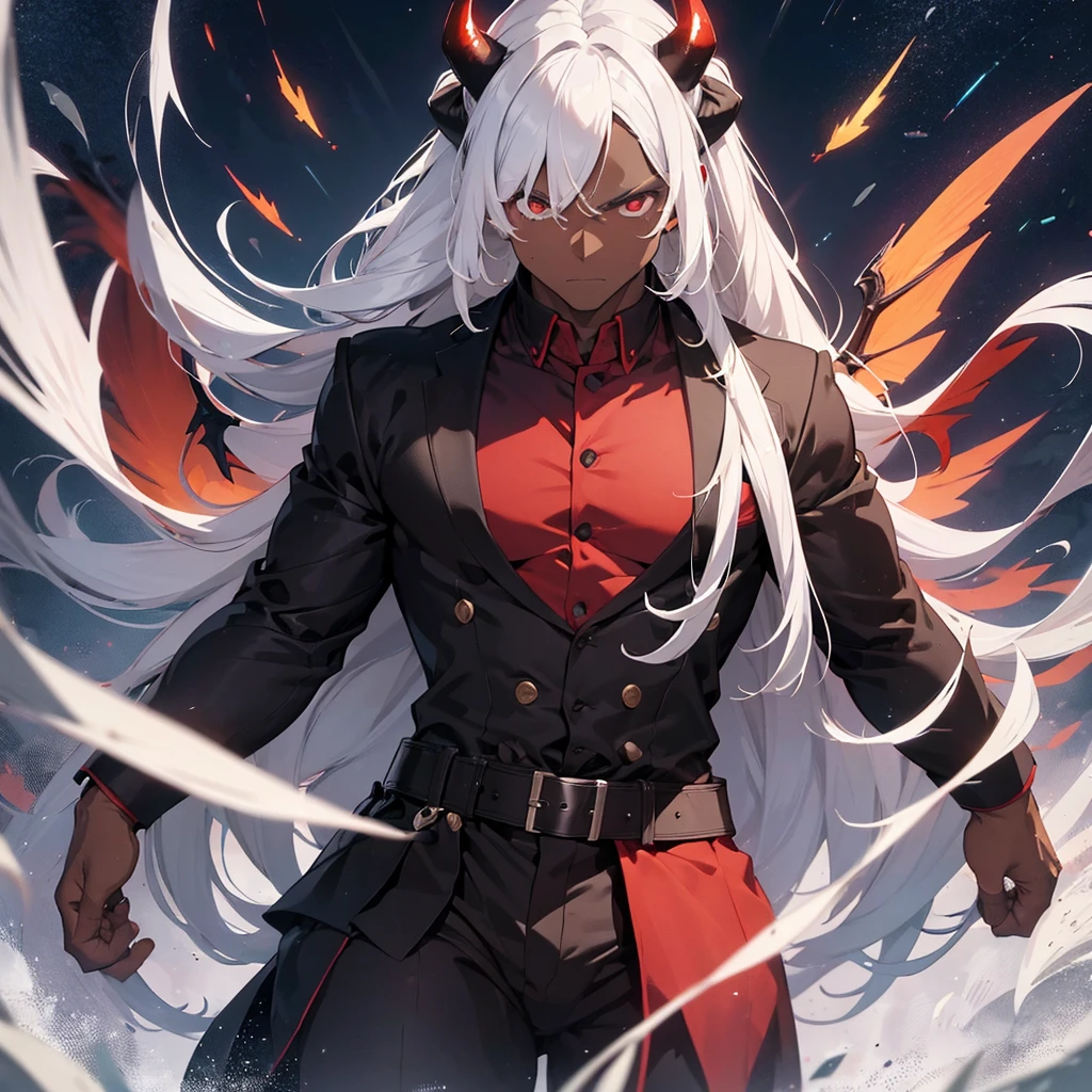 Man male, dark skin, white hair, long hair, strong and robust body, handsome face, large demon horns, giant large black wings, black and red suit, intimidating appearance.