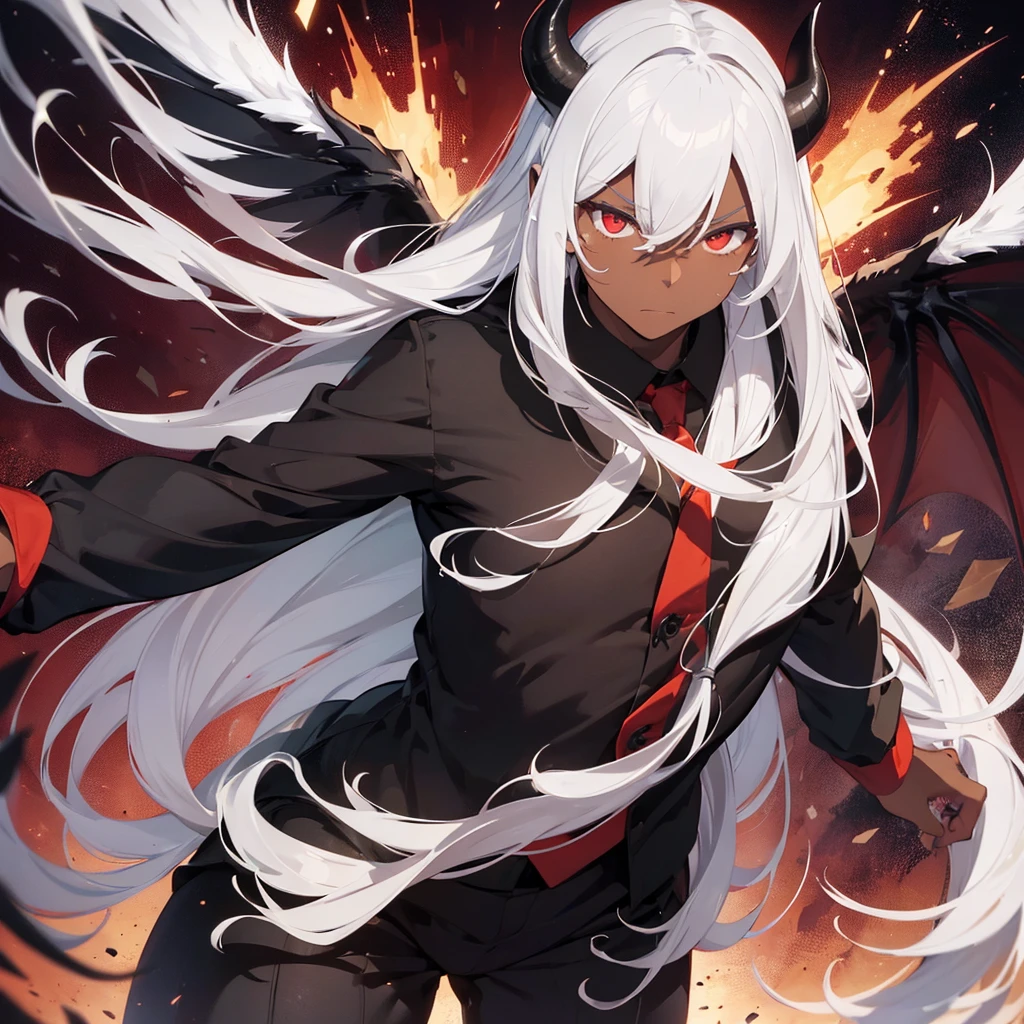 Man male, dark skin, white hair, long hair, strong and robust body, handsome face, large demon horns, giant large black wings, black and red suit, intimidating appearance.