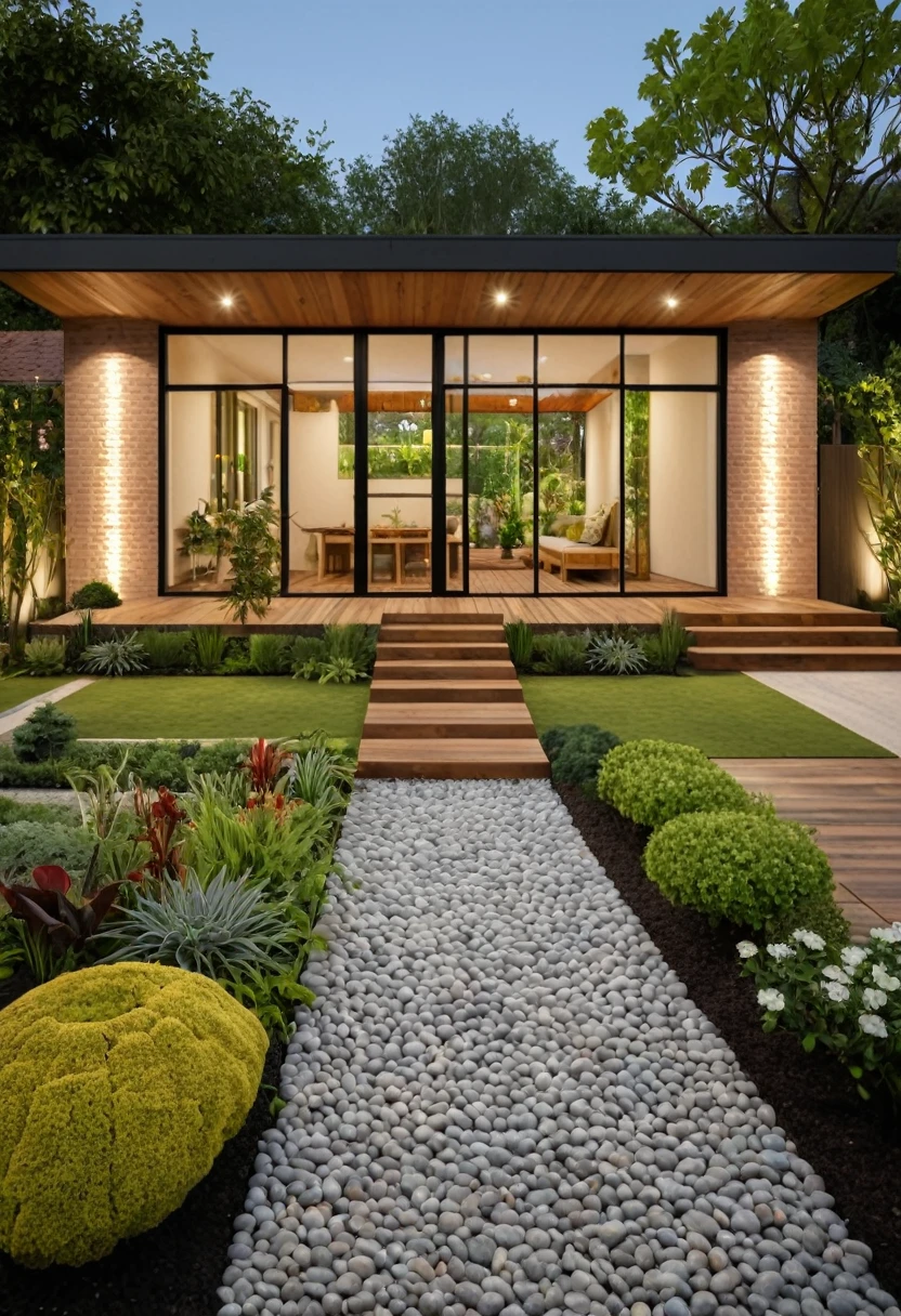 A hyper-realistic image of a single-story garden house with a contemporary design, featuring a combination of brick and wood materials. The house has a flat roof, large windows, and an inviting front porch. The entrance is adorned with climbing plants and a wooden pathway. The garden includes various native plants, shrubs, and a small vegetable patch. The overall ambiance is welcoming and homely, with detailed textures and realistic lighting, shadows, and reflections. The colors are warm and rustic, showcasing the charm of the materials and the garden. The lighting gives a cozy evening feel.
