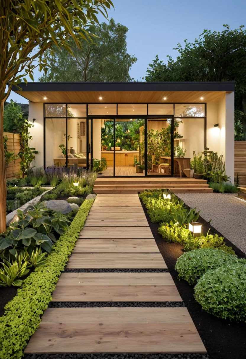 A hyper-realistic image of a single-story garden house with a contemporary design, featuring a combination of brick and wood materials. The house has a flat roof, large windows, and an inviting front porch. The entrance is adorned with climbing plants and a wooden pathway. The garden includes various native plants, shrubs, and a small vegetable patch. The overall ambiance is welcoming and homely, with detailed textures and realistic lighting, shadows, and reflections. The colors are warm and rustic, showcasing the charm of the materials and the garden. The lighting gives a cozy evening feel.
