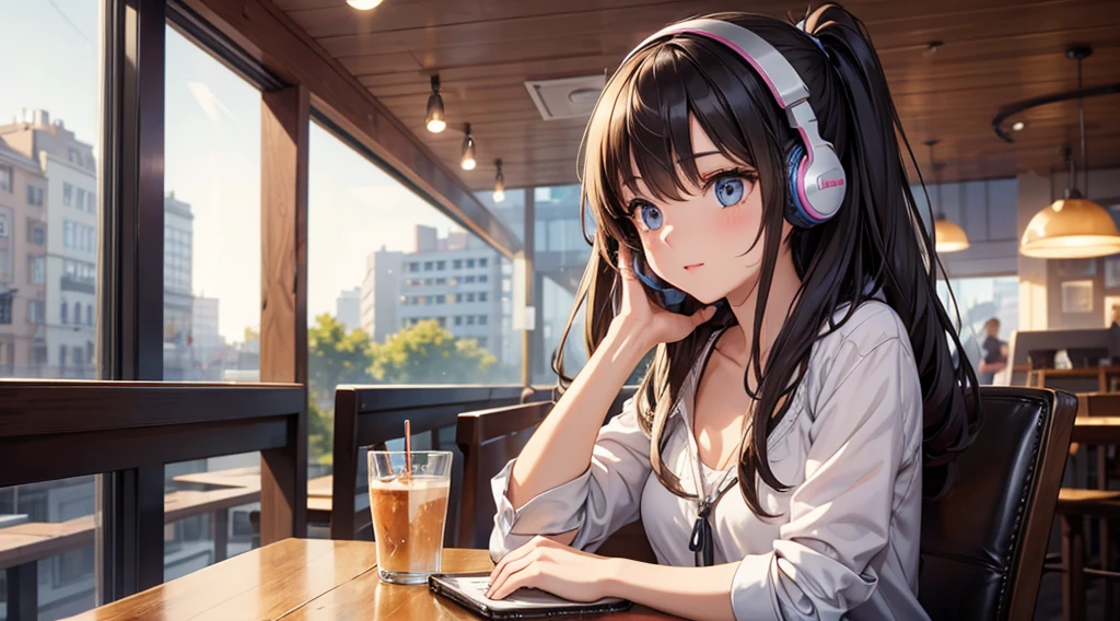 Girl with headphones enjoying music in a cafe I am studying Emphasize a little bit of the chest
