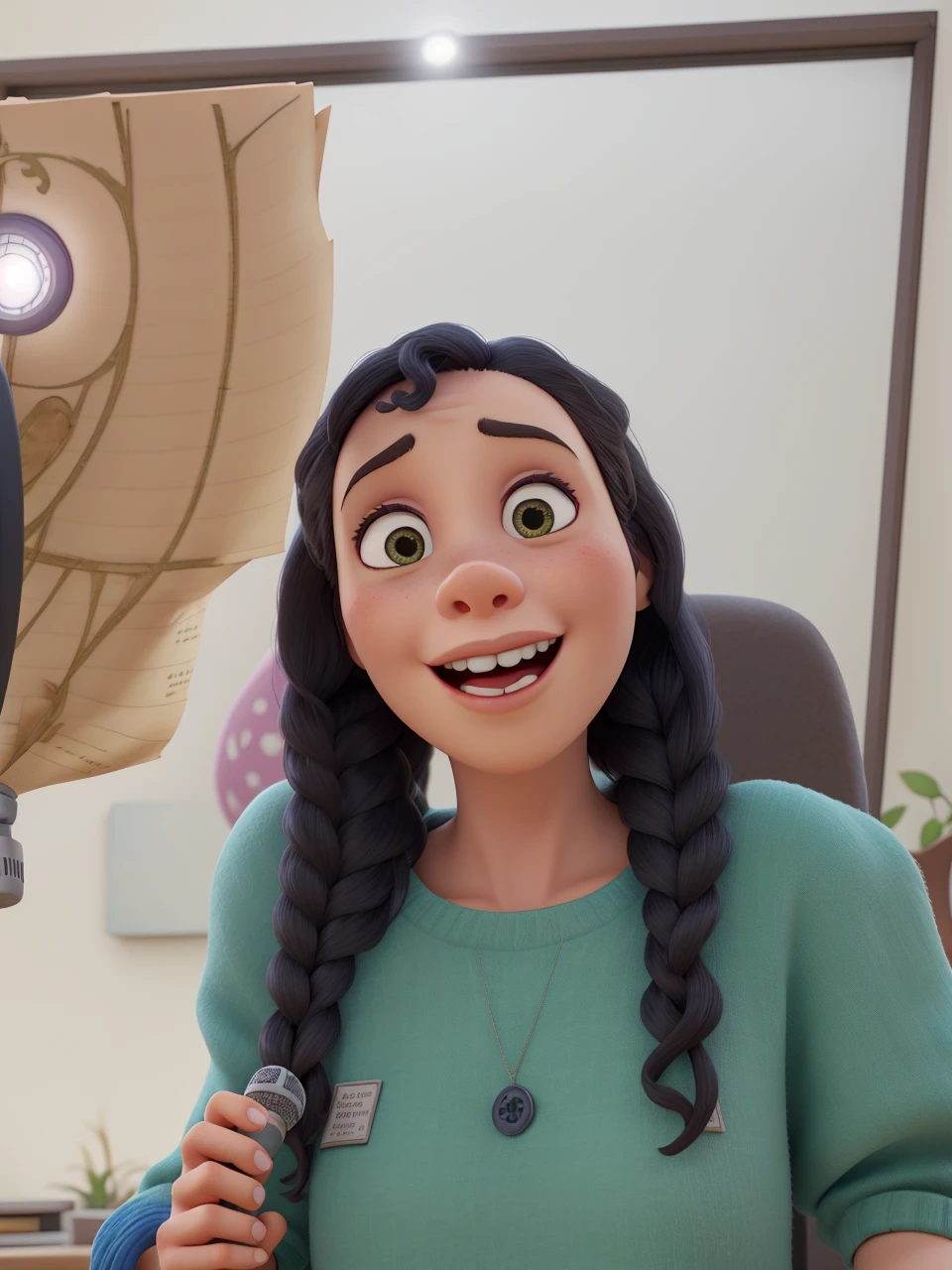 Woman with microphone in hand, levantando a biblia na outra, usando jardineira, preaching to children 3d Pixar cartoon style