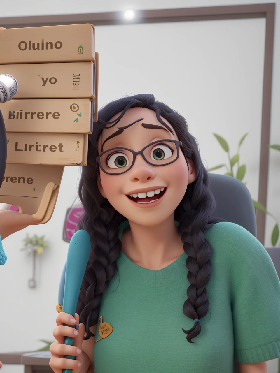 Woman with microphone in hand, levantando a biblia na outra, usando jardineira, preaching to children 3d Pixar cartoon style