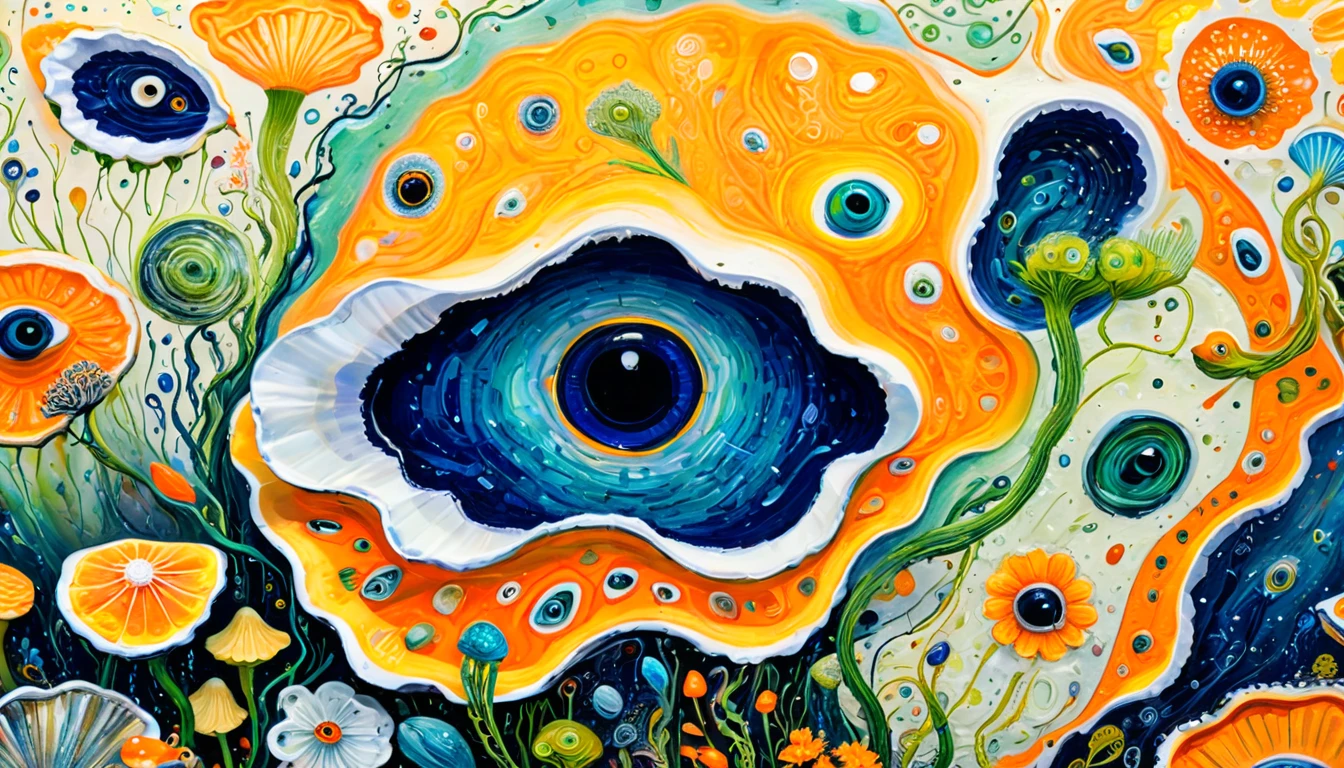 Children's graffiti,Thick coating,Concave and convex texture,Oil pastel strokes:Oysters、flowesh、Tentacles、bird、Eye、diatom,Abstract mosaic painting,Describing the inner world of autistic people,Sense of space,White Space,interesting,Innocence,Psychedelic Art,Orange overall