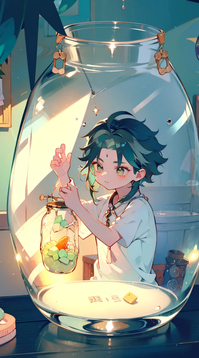 ((((((inside the jar))))))、a boy with、((((in a jar))))、charming、small, Happy atmosphere,, hat, Candy and Snacks, Gift, dark green hair,