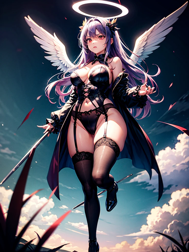 Highest quality,Highest Resolution,Beautiful girl with angry face in gothic ta leotard,High leg,(((Floating in the air))),Halo,Night Sky,Lightning strikes,Thick Lightning,Very beautiful red eyes,rain,豪rain,(((Black angel wings on the back))),whole body,front,Purple Hair,In hand1with two big spears,Knee-high stockings,garter belt,Floating in the air,darkness,