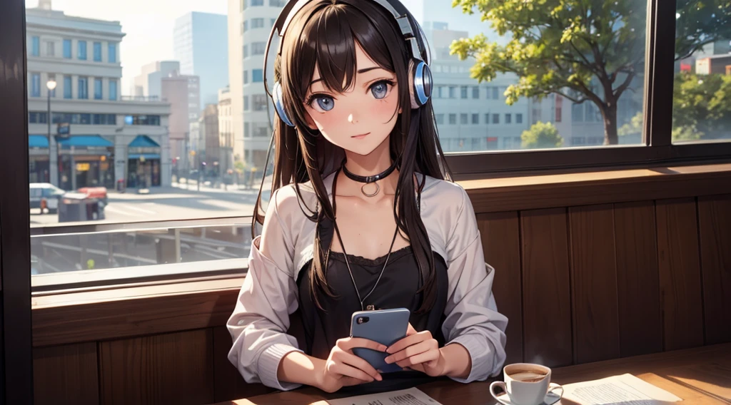 Girl with headphones enjoying music in a cafe I am studying Emphasize a little bit of the chest