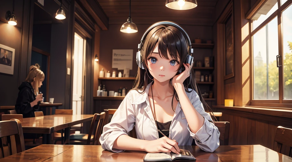 Girl with headphones enjoying music in a cafe I am studying Emphasize a little bit of the chest