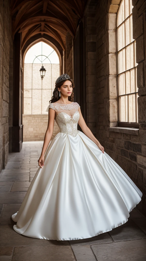 full-length ,dress with a long, puffy skirt, fitted bodice, and crystal embellishments. A combination of velvet and satin fabrics with white details.