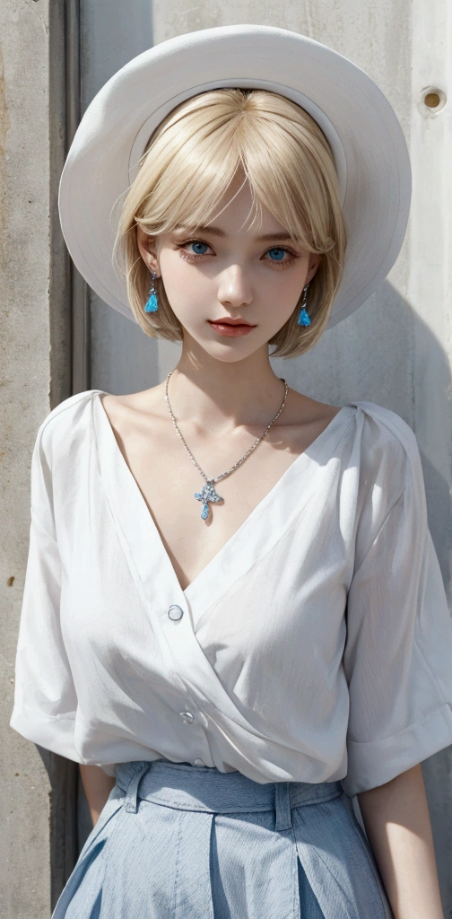 Portrait of a blonde girl in a white hat and a blue shirt , Earrings, necklace , Super Short Hair, side lock hair