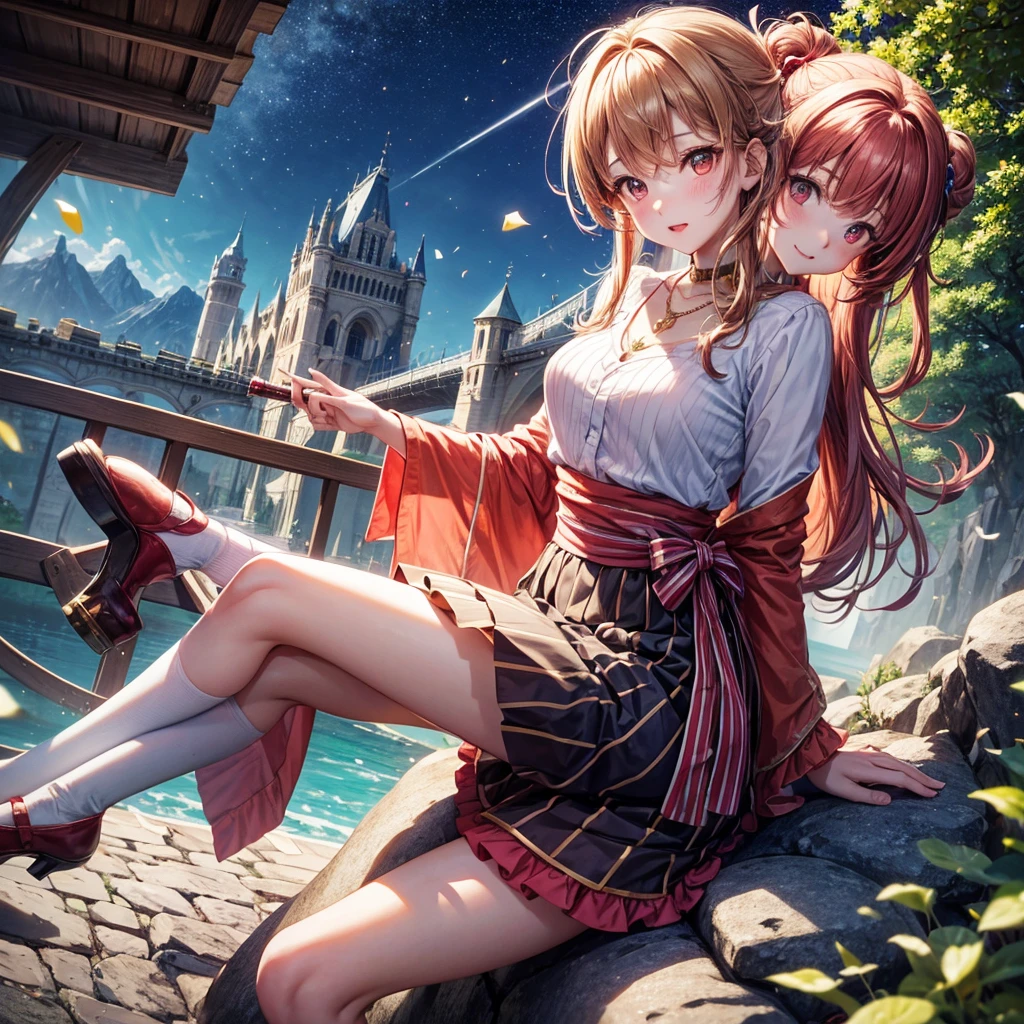 Pink, red, brown, gold, gold hair、Red gold eyes、Hair tied up、One good looking girl、solo、anime、Checkered mini skirt、Ruffles on the skirt、Checked dress、blouse、Kimono、Black knee-high socks、Ribbon、Ribbon on waist、Teeth are visible、Sparkly Necklace、From above、Cobblestones、waterfall、Starry Sky、Midnight Moon、suspension bridge、Confetti、Brick construction、Uphill、An old castle built on a rocky mountain、The scenery is reflected on the water、Sitting on the roof、Legendary Sword
