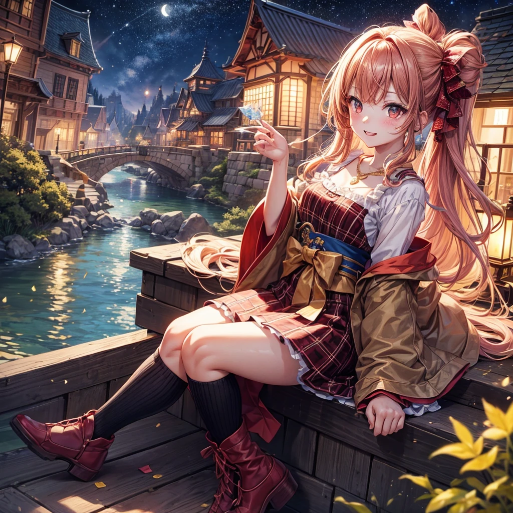 Pink, red, brown, gold, gold hair、Red gold eyes、Hair tied up、One good looking girl、solo、anime、Checkered mini skirt、Ruffles on the skirt、Checked dress、blouse、Kimono、Black knee-high socks、Ribbon、Ribbon on waist、Teeth are visible、Sparkly Necklace、From above、Cobblestones、waterfall、Starry Sky、Midnight Moon、suspension bridge、Confetti、Brick construction、Uphill、An old castle built on a rocky mountain、The scenery is reflected on the water、Sitting on the roof、Legendary Sword