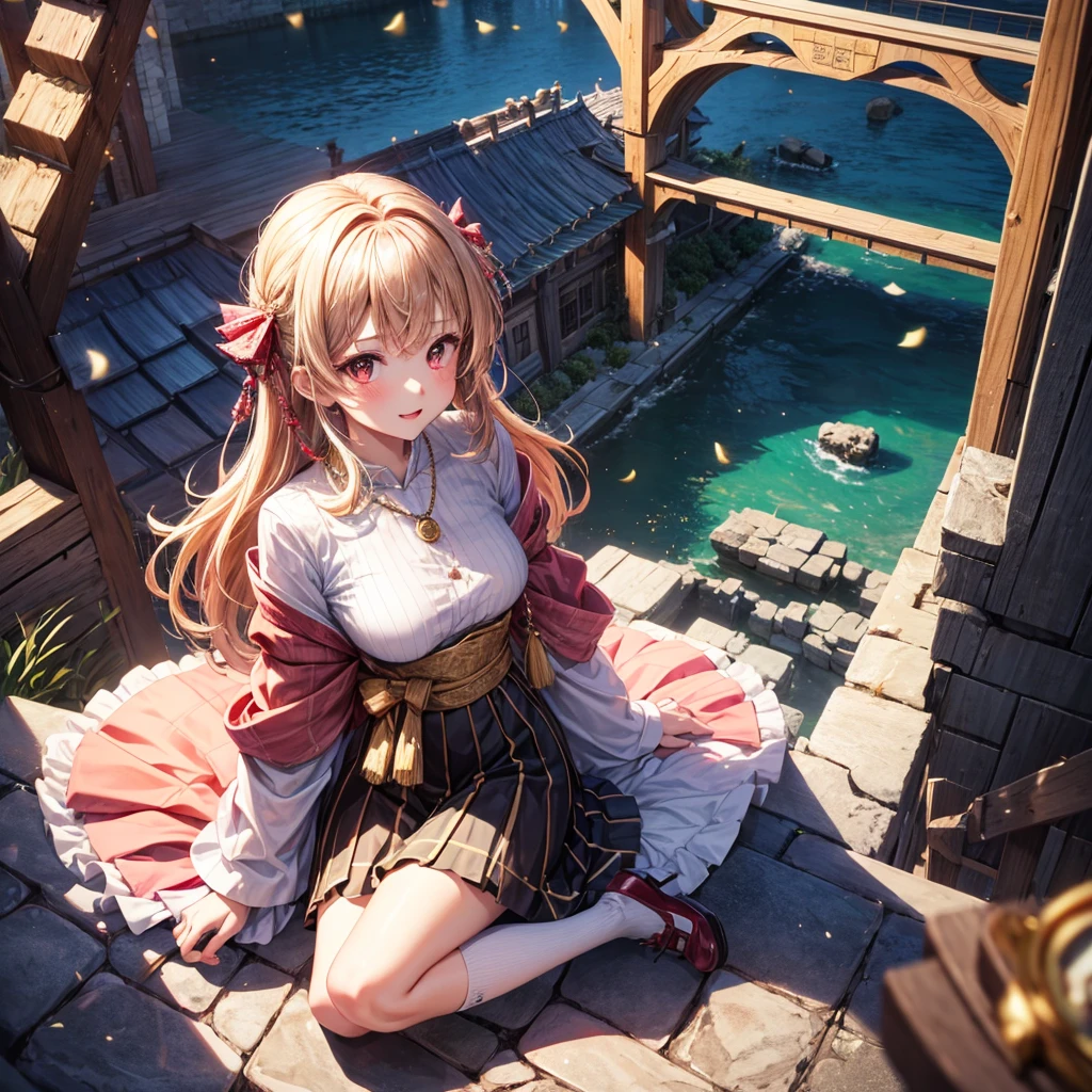 Pink, red, brown, gold, gold hair、Red gold eyes、Hair tied up、One good looking girl、solo、anime、Checkered mini skirt、Ruffles on the skirt、Checked dress、blouse、Kimono、Black knee-high socks、Ribbon、Ribbon on waist、Teeth are visible、Sparkly Necklace、From above、Cobblestones、waterfall、Starry Sky、Midnight Moon、suspension bridge、Confetti、Brick construction、Uphill、An old castle built on a rocky mountain、The scenery is reflected on the water、Sitting on the roof、Legendary Sword
