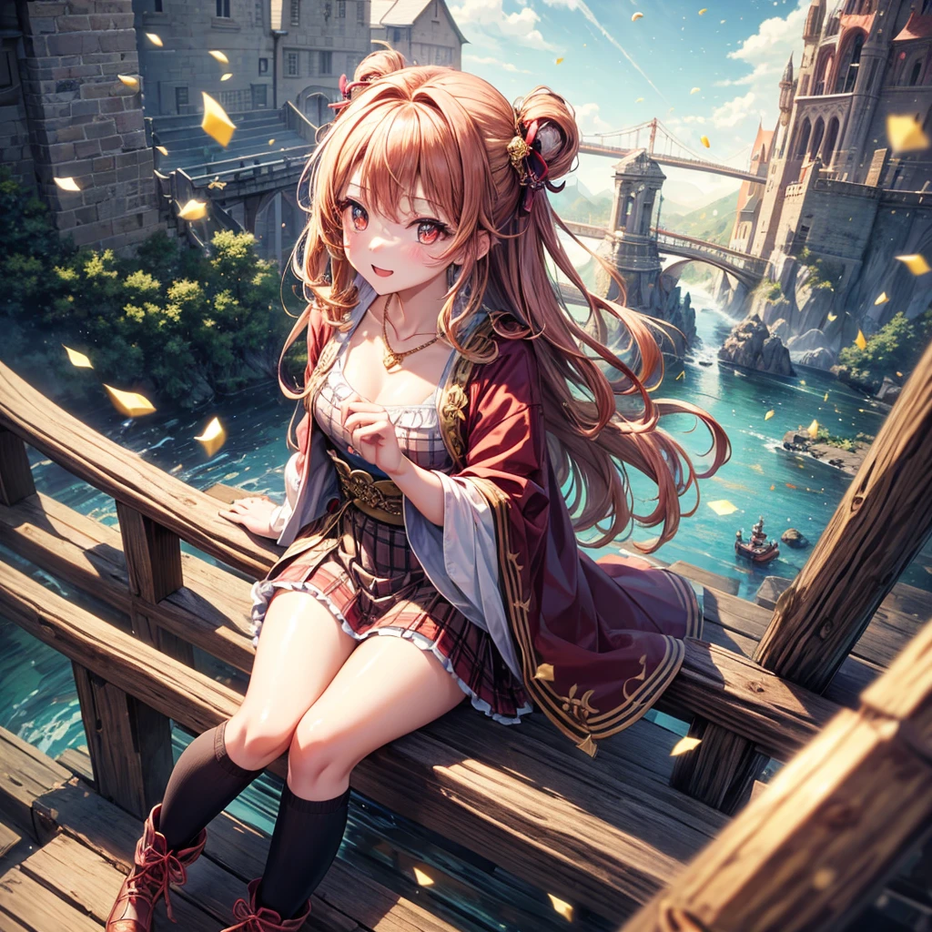 Pink, red, brown, gold, gold hair、Red gold eyes、Hair tied up、One good looking girl、solo、anime、Checkered mini skirt、Ruffles on the skirt、Checked dress、blouse、Kimono、Black knee-high socks、Ribbon、Ribbon on waist、Teeth are visible、Sparkly Necklace、From above、Cobblestones、waterfall、Starry Sky、Midnight Moon、suspension bridge、Confetti、Brick construction、Uphill、An old castle built on a rocky mountain、The scenery is reflected on the water、Sitting on the roof、Legendary Sword