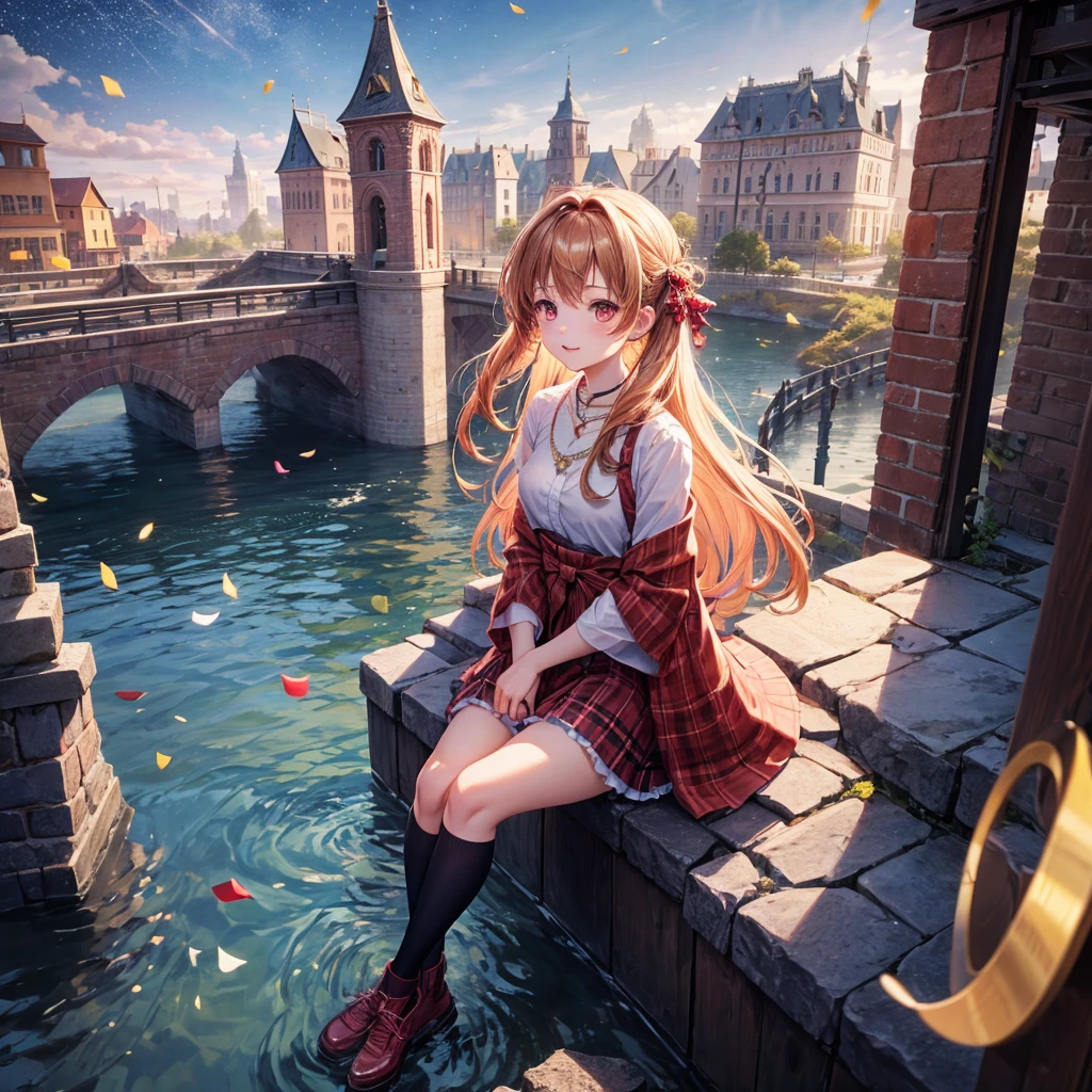 Pink, red, brown, gold, gold hair、Red gold eyes、Hair tied up、One good looking girl、solo、anime、Checkered mini skirt、Ruffles on the skirt、Checked dress、blouse、Kimono、Black knee-high socks、Ribbon、Ribbon on waist、Teeth are visible、Sparkly Necklace、From above、Cobblestones、waterfall、Starry Sky、Midnight Moon、suspension bridge、Confetti、Brick construction、Uphill、An old castle built on a rocky mountain、The scenery is reflected on the water、Sitting on the roof、Legendary Sword