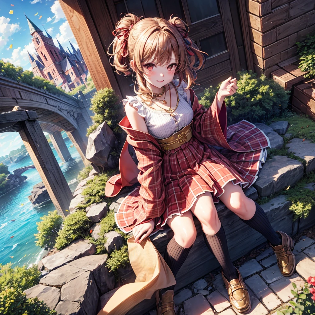 Pink, red, brown, gold, gold hair、Red gold eyes、Hair tied up、One good looking girl、solo、anime、Checkered mini skirt、Ruffles on the skirt、Checked dress、blouse、Kimono、Black knee-high socks、Ribbon、Ribbon on waist、Teeth are visible、Sparkly Necklace、From above、Cobblestones、waterfall、Starry Sky、Midnight Moon、suspension bridge、Confetti、Brick construction、Uphill、An old castle built on a rocky mountain、The scenery is reflected on the water、Sitting on the roof、Legendary Sword