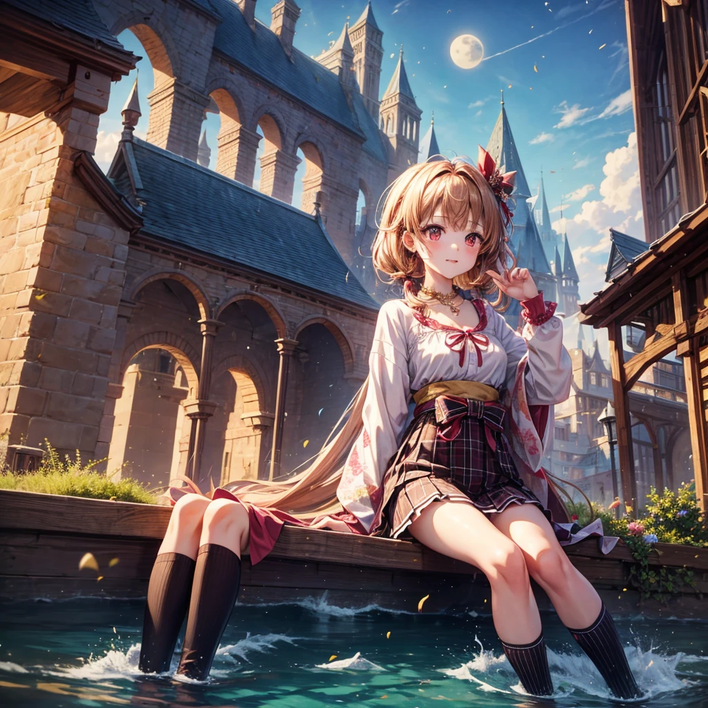 Pink, red, brown, gold, gold hair、Red gold eyes、Hair tied up、One good looking girl、solo、anime、Checkered mini skirt、Ruffles on the skirt、Checked dress、blouse、Kimono、Black knee-high socks、Ribbon、Ribbon on waist、Teeth are visible、Sparkly Necklace、From above、Cobblestones、waterfall、Starry Sky、Midnight Moon、suspension bridge、Confetti、Brick construction、Uphill、An old castle built on a rocky mountain、The scenery is reflected on the water、Sitting on the roof、Legendary Sword