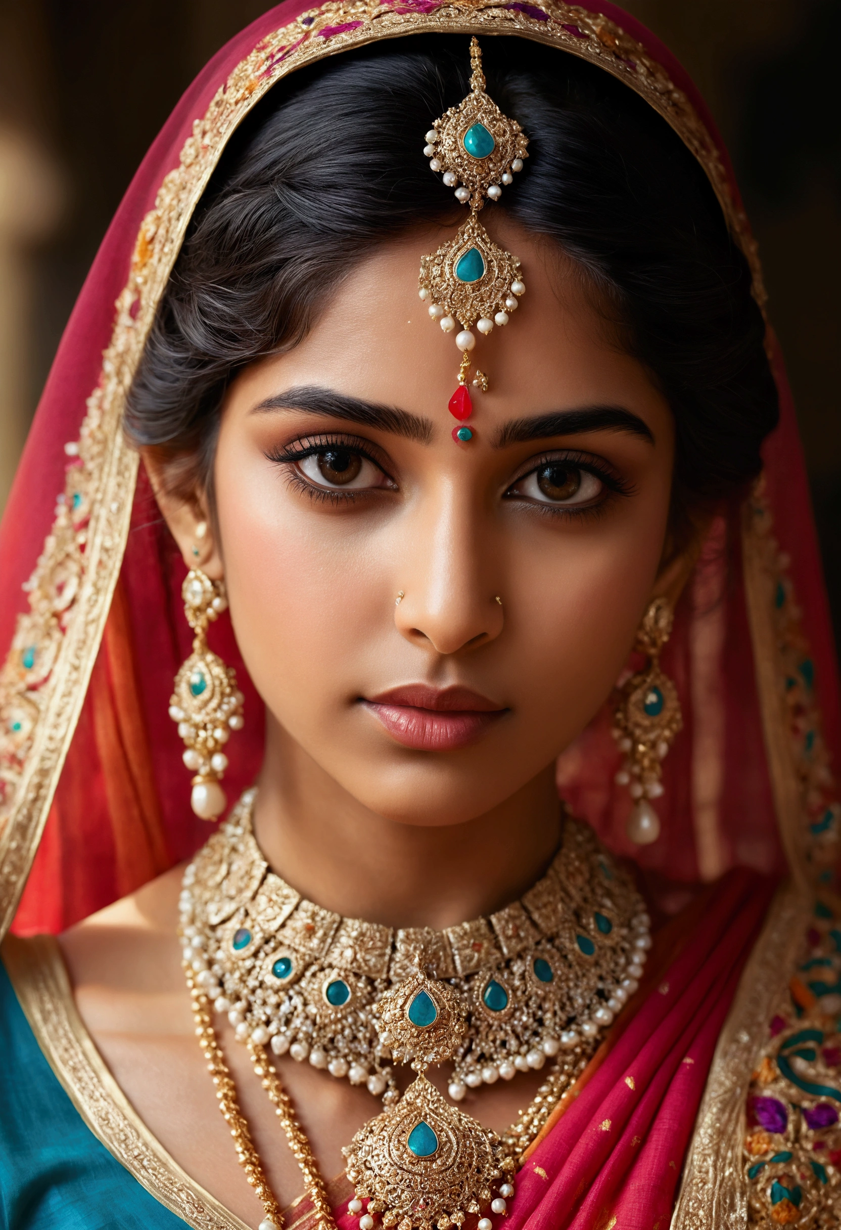 A beautiful, delicate Indian girl, intricate details, long eyelashes, piercing eyes, elegant expression, ornate jewelry, detailed intricate hair, floral headpiece, flowing colorful sari, serene pose, natural lighting, photorealistic, 8k, high quality, masterpiece, digital art