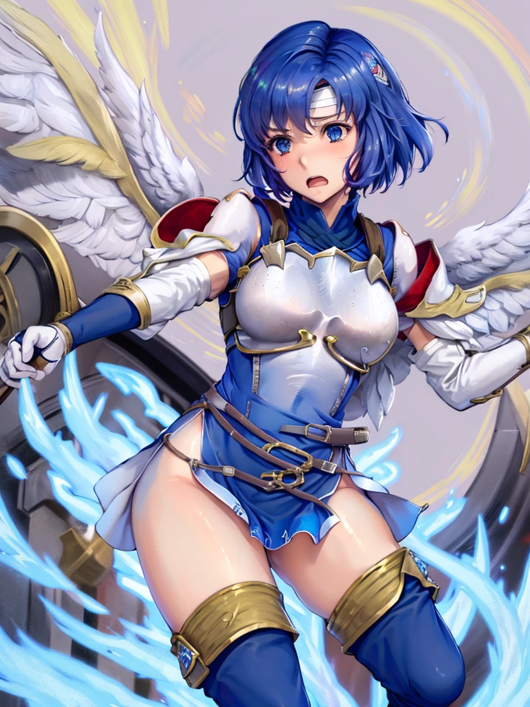 (White background:1.2),Catria_Nanometer, cute, Blue Hair, short hair, blue eyes, cute, Narrow waist, small, Toned Up, Middle chest, Bare shoulders, Red neckerchief, Blue elbow gloves, Blue fingerless gloves, Pauldrons, belt, breastplate, White headband, Short dress, Dress slit, Blue tight boots, Blue long boots, Pegasus Knight Uniform (Fire emblem), low length,Squat,battlefield,Ancient Capital,middle ages,blush,Scared,distress,Open your mouth