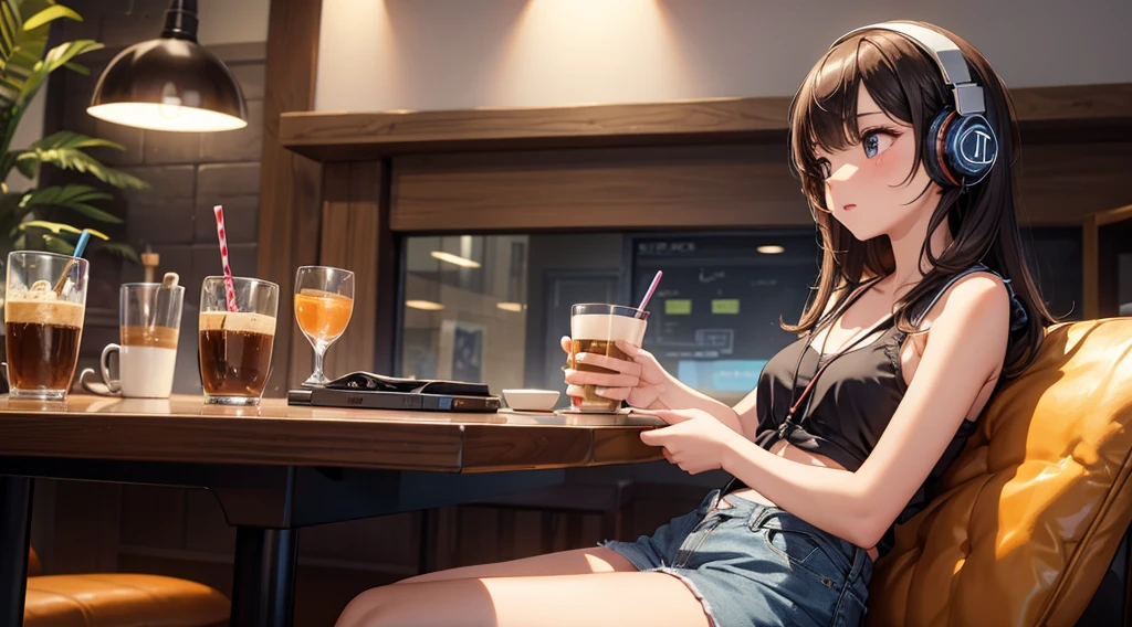 Girl with headphones enjoying music in a cafe　I am studying　Emphasize a little bit of the chest