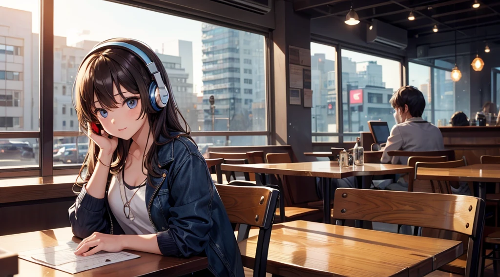Girl with headphones enjoying music in a cafe　I am studying　Emphasize a little bit of the chest