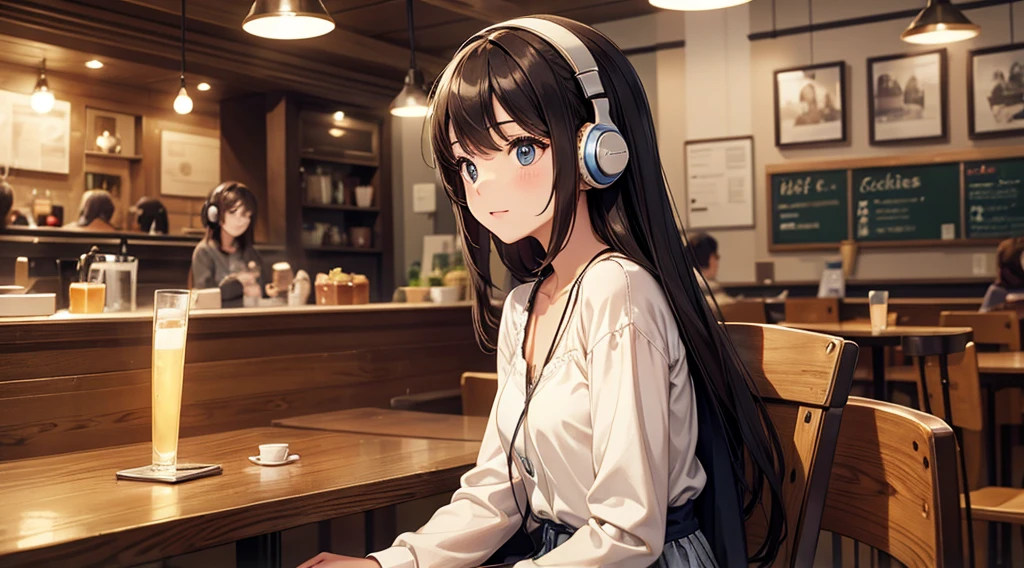 Girl with headphones enjoying music in a cafe　I am studying　Emphasize a little bit of the chest