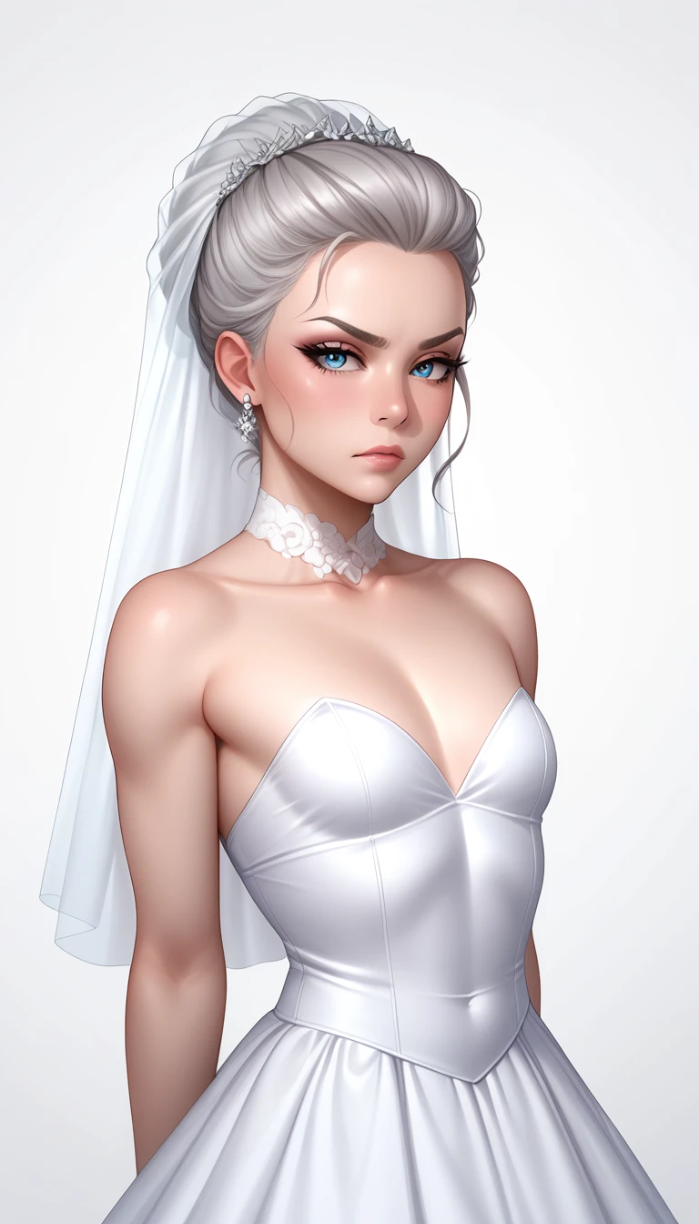 score_9, score_8_up, score_7_up, 1girl, solo,
flowing white hair, glowing blue eyes, ((tiny, _young, small , flat chest:1.25)), ((hands crossed on chest:1.5)), ((sad face, angry face, offended face expression:1.5)), bunny ears, bunny tail, pale skin, demoness, (Bunny:1.2),
monochromatic, eerie atmosphere,
(wedding dress), seductive, stark white background