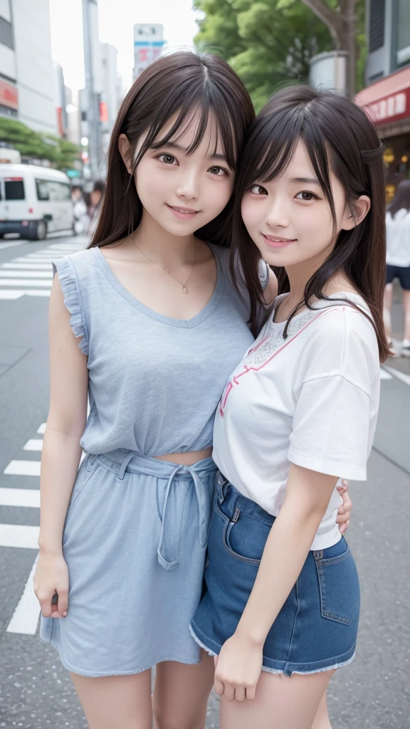 Best quality, high resolution, 8K, two girls, Japanese, hugging, best smile, summer clothes, street fashion, beautiful woman, pretty face, cute face, two cute people, Tokyo cityscape