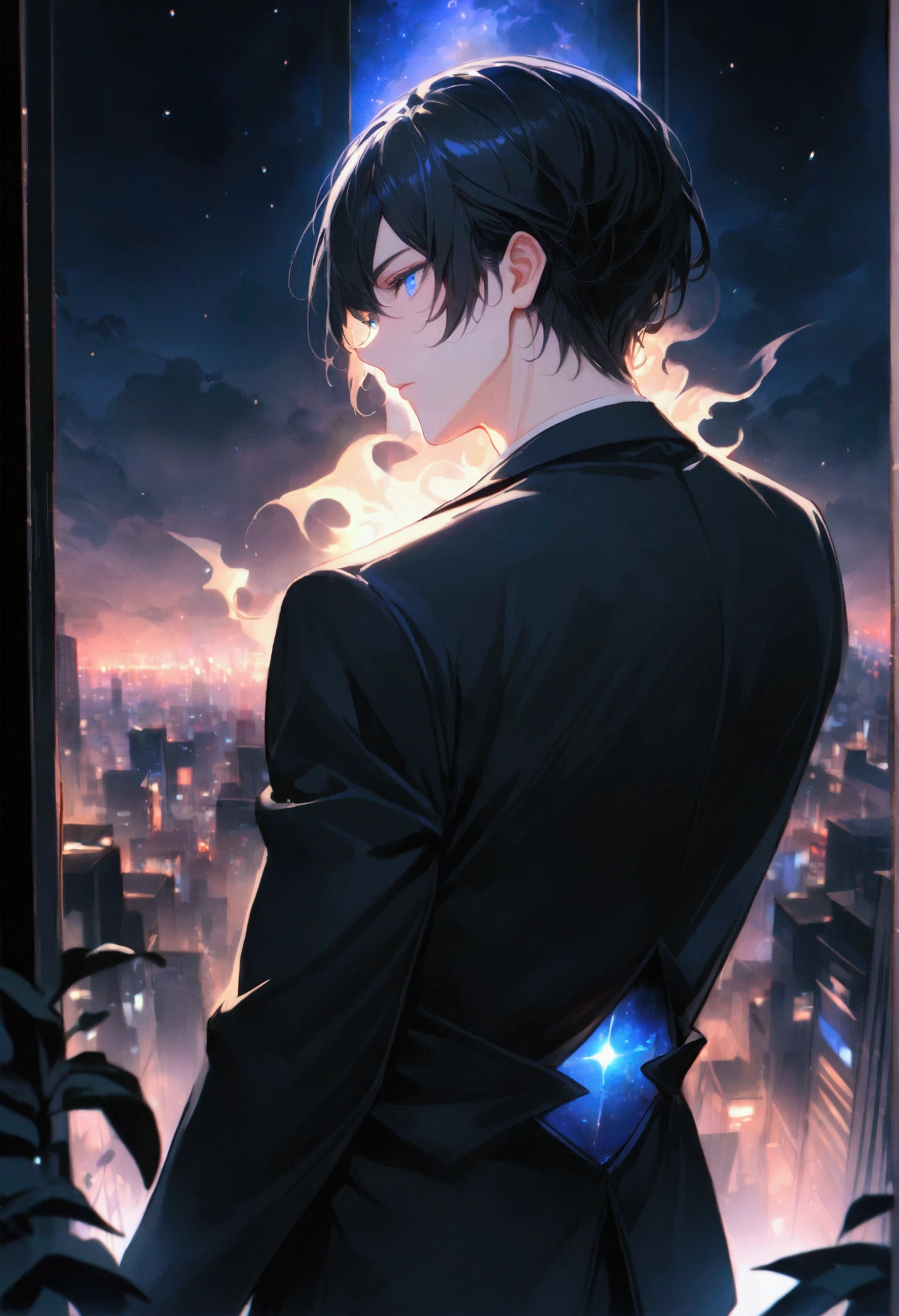 A young man with black hair, blue eyes, a black suit stood with his back turned half-face smoking a cigarette in his room at night.