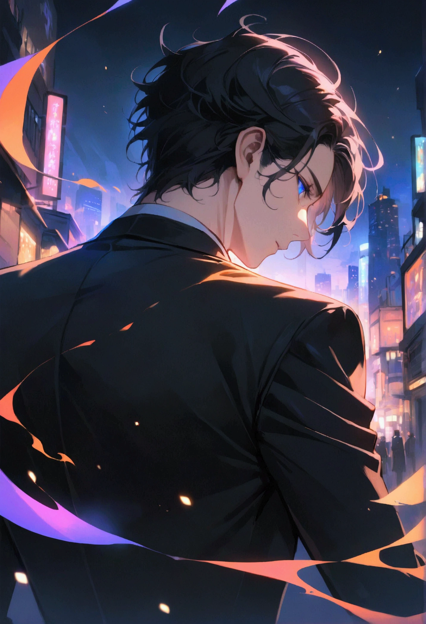 A man with black hair blue eyes in a black suit turns half-face his back on the city at night.