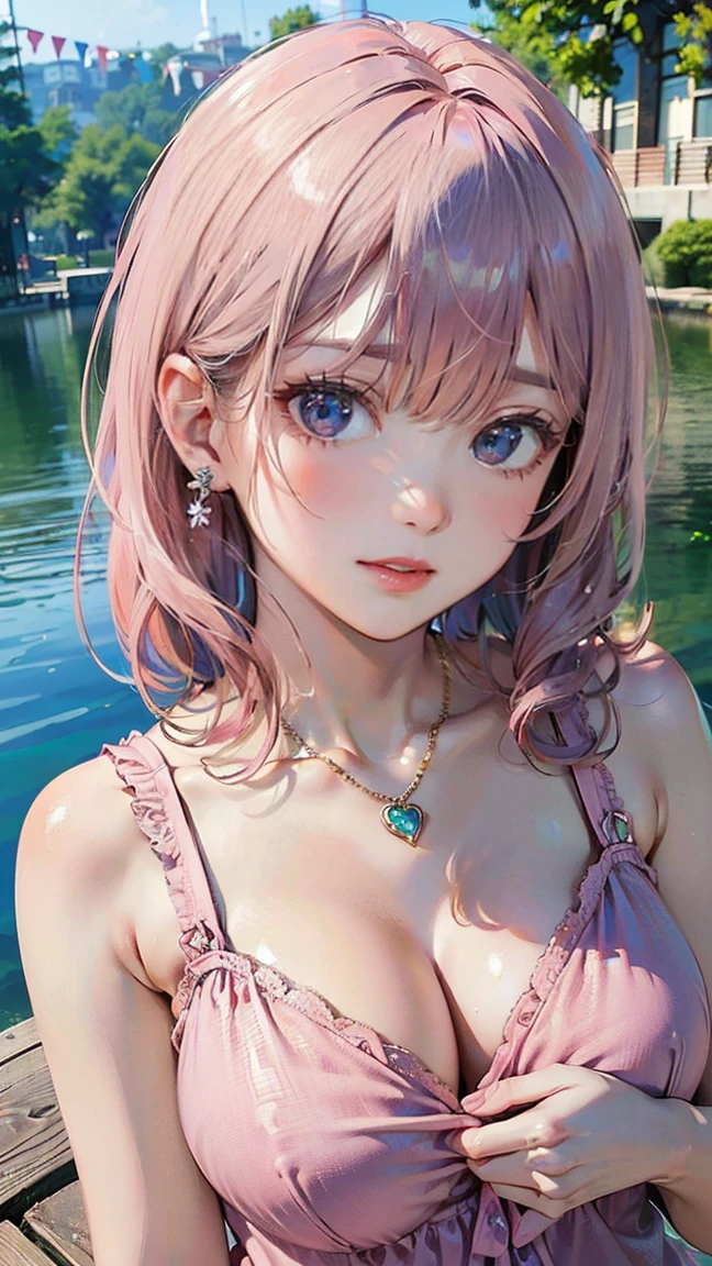 (Masterpiece, BestQuality:1.3), (ultra detailed:1.2), (hyperrealistic:1.3), (RAW photo:1.2), High detail RAW color photo, professional photograph, (Photorealistic:1.4), (realistic:1.4), (Pink Hair:1.5), professional lighting, perfect anatomy, (:1.2), (blush, detailed face), (cheerful Smile:1.5), Trending Hair&Trending Hairカラーをランダムに, earrings, necklace, bracelet, sexly, erotsexly,  sexy gure poses, (Beiful woman in a pink casual dress、Pushing out her chest and smiling sexily by the lake。:1.3)