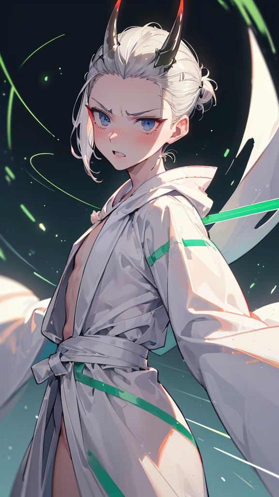 Best quality, Ultra detailed, best quality, insanely detailed, beautiful, masterpiece, 8k,
break
(full moon:1.2), night sky, refraction Glowing white lines ,Crossing Light,Shining Background,
break
1lady, silver hair, (short hair:1.2), (slicked back hair :1.5), forehead, (1horn on forehead;1.2), black eyes, ultra detailed eyes, wizard robe, (white robe with green lines:1.5), long robe, tall stature, slender body, flat chest,
Break
Upper body, from front,low angle (evil smile;1.5), evil grin,(scowl:1.1), (stare at viewer:1.5), (embarrassed,blush:1.3), (ecstasy:1.3) ,(slut:1.2),(vulgarity:1.3),(wet:0.8),(sweat:0.8), condescending snigger ,open mouth,